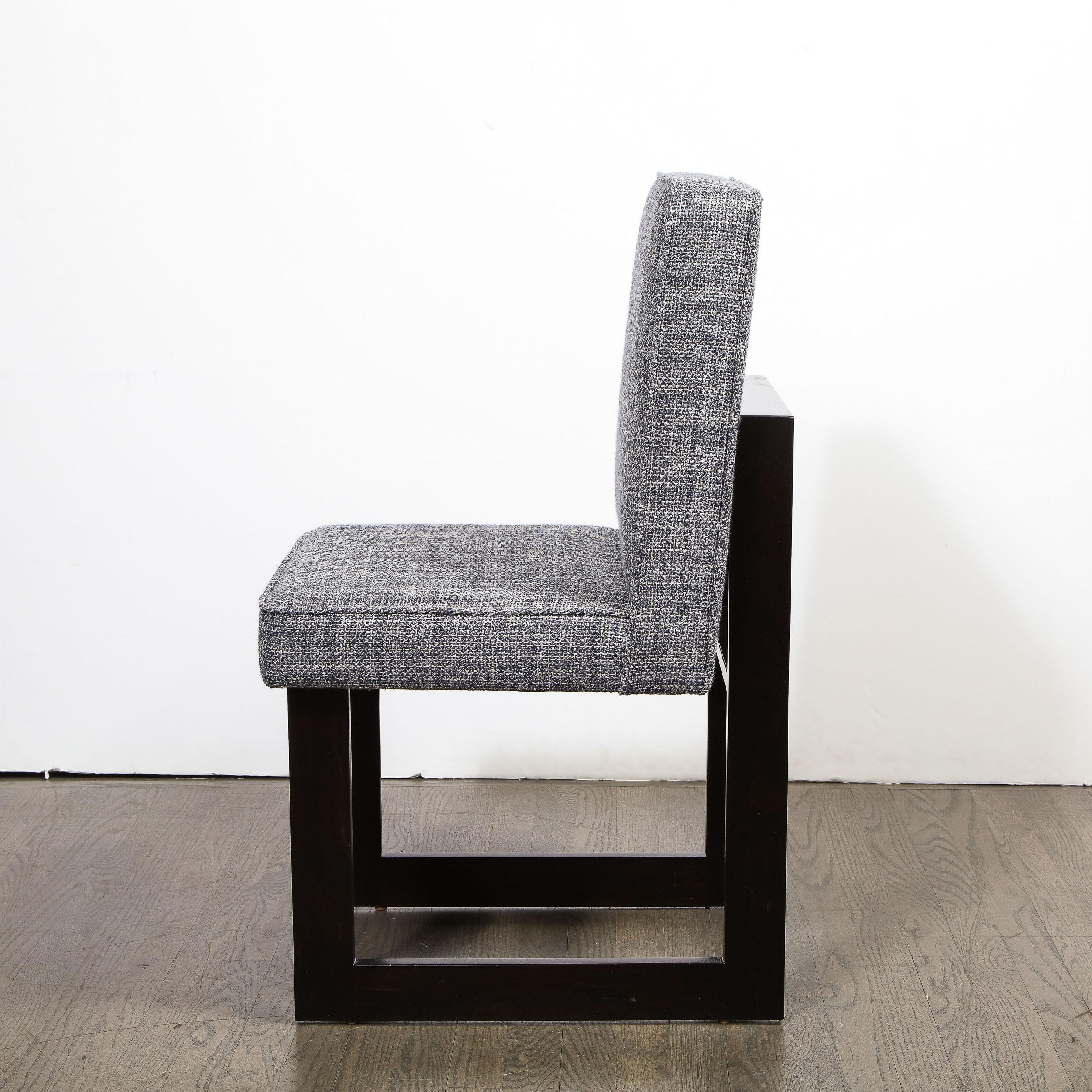 20th Century Modernist Rectilinear Ebonized Walnut and Textural Gray Woven Fabric Side Chair For Sale