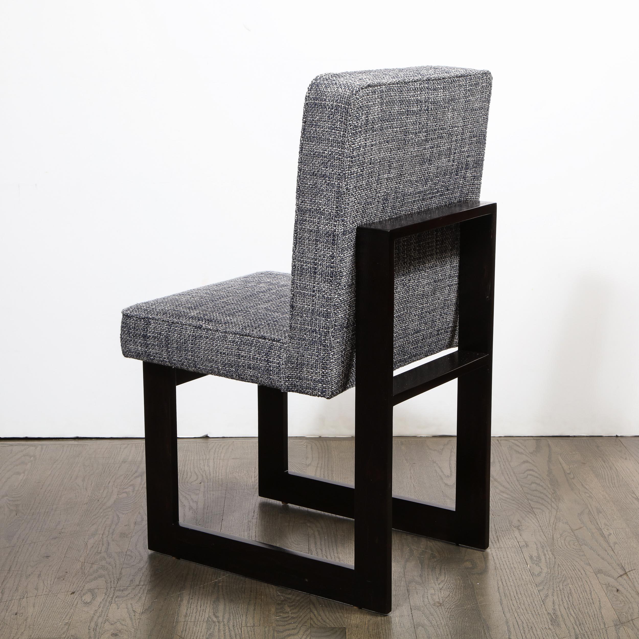Upholstery Modernist Rectilinear Ebonized Walnut and Textural Gray Woven Fabric Side Chair For Sale