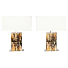 Modernist Rectilinear Table Lamps in Paneled Horn and Polished Nickel