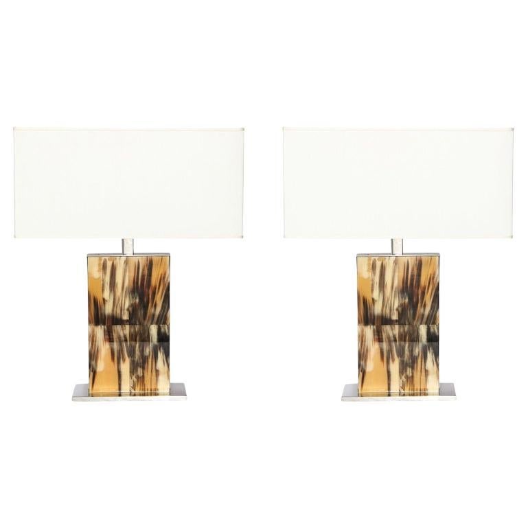 Modernist Rectilinear Table Lamps in Paneled Horn and Polished Nickel