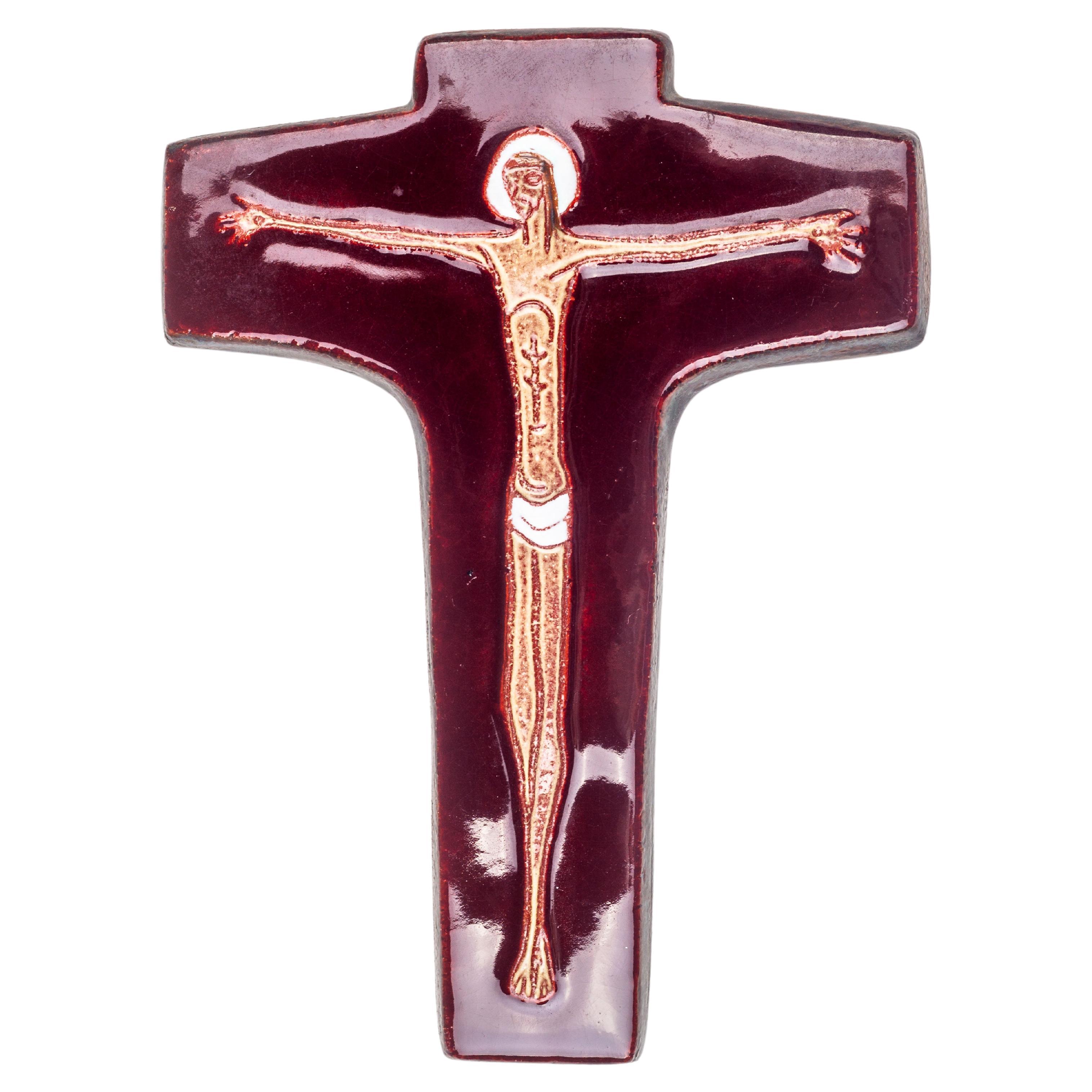 Modernist red crucifix with Christ figure, wall decoration handmade For Sale