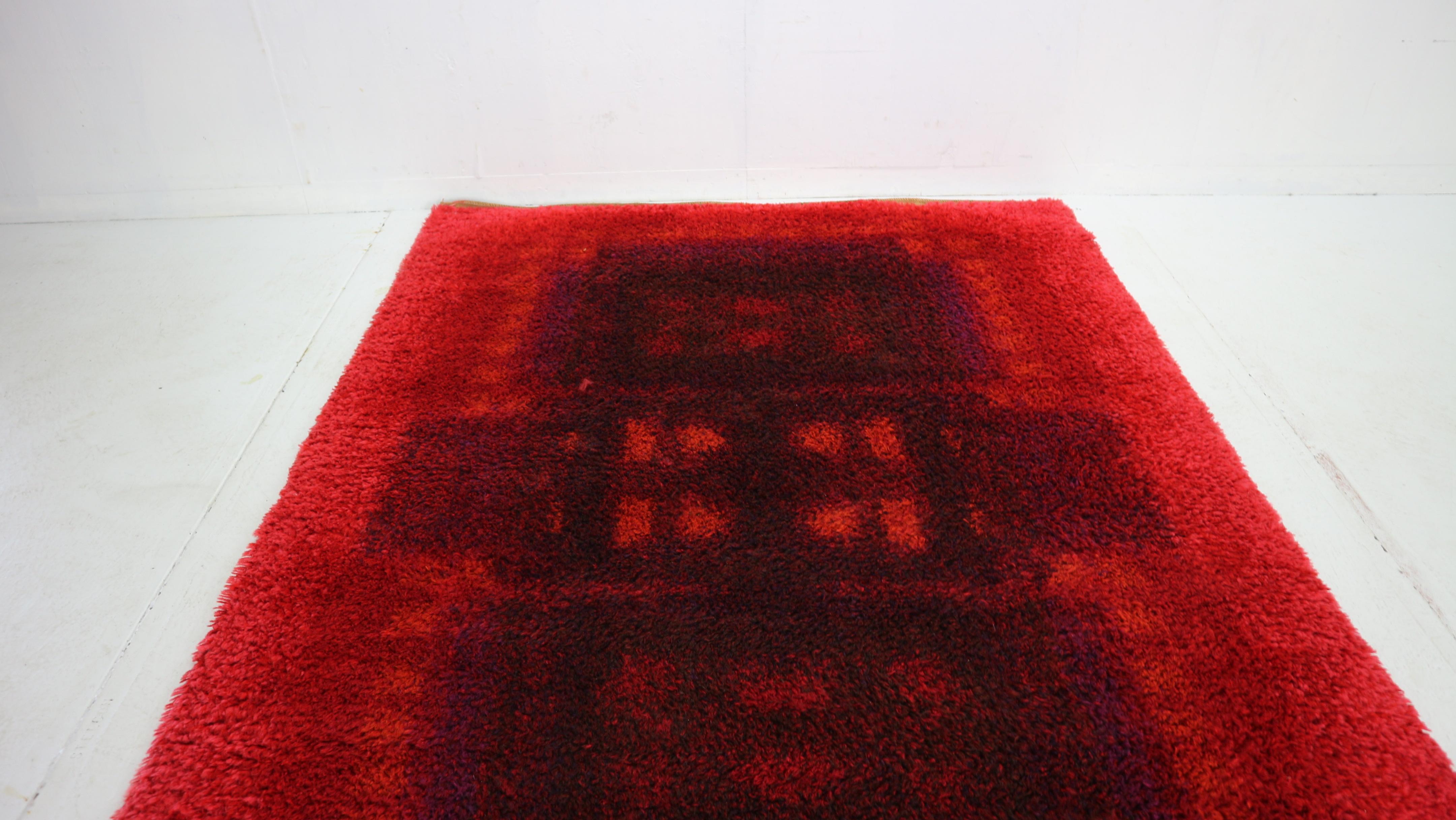 Modernist Red Multi-Color High Pile Large Rya Rug by Desso, 1970's 4