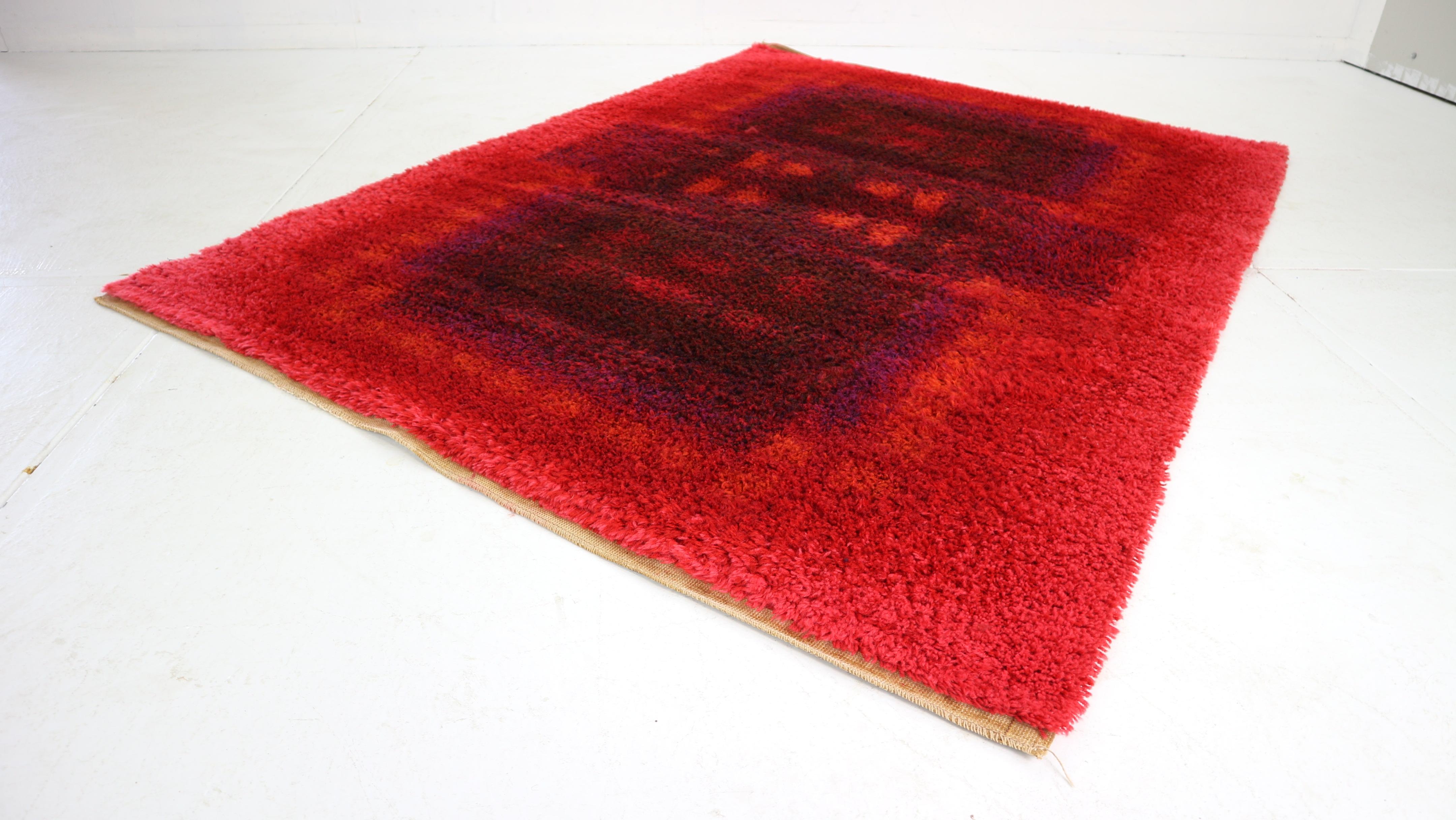 Wool Modernist Red Multi-Color High Pile Large Rya Rug by Desso, 1970's
