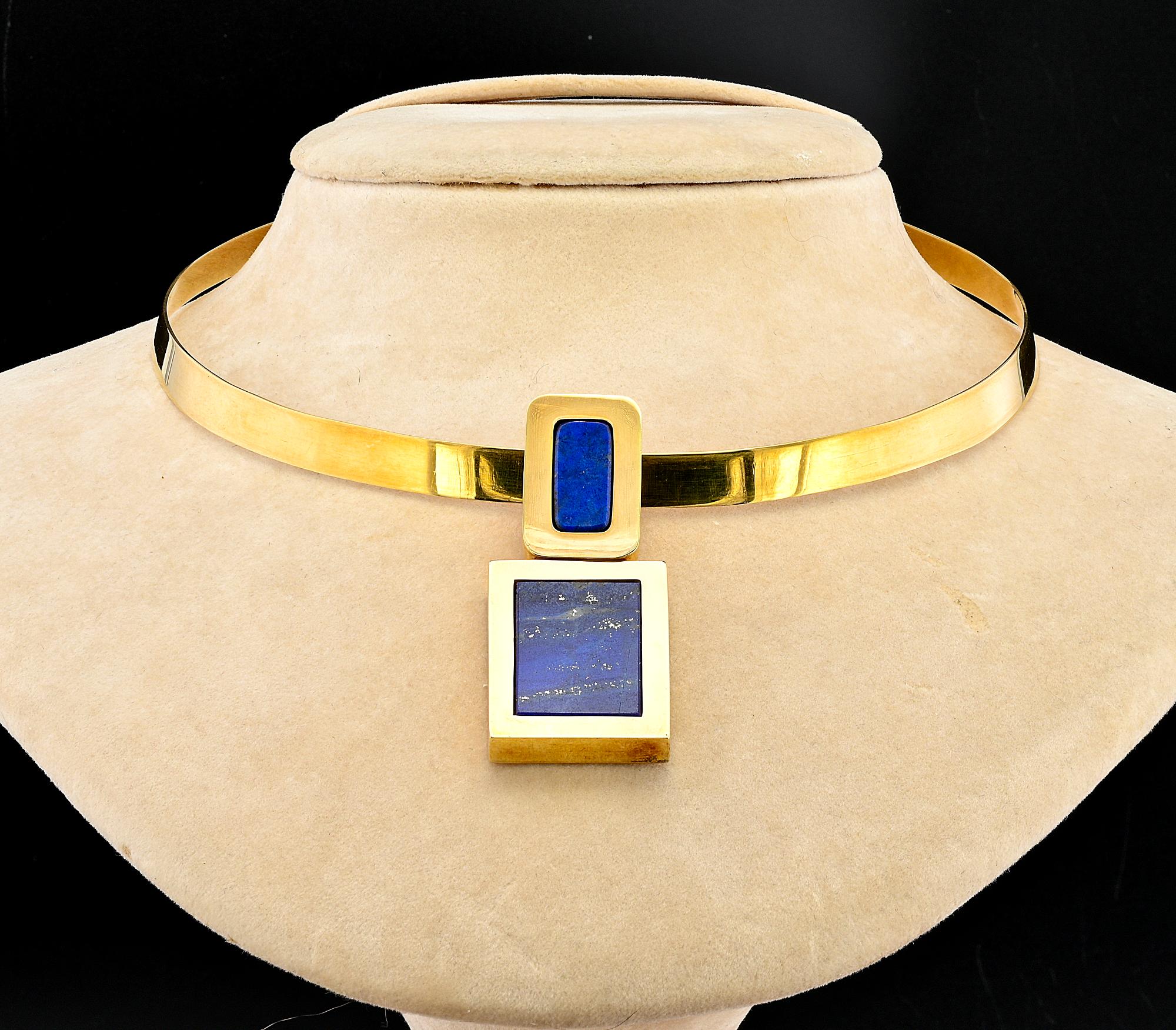 Cabochon Modernist Reyes Designer Lapis 18 KT Necklace For Sale