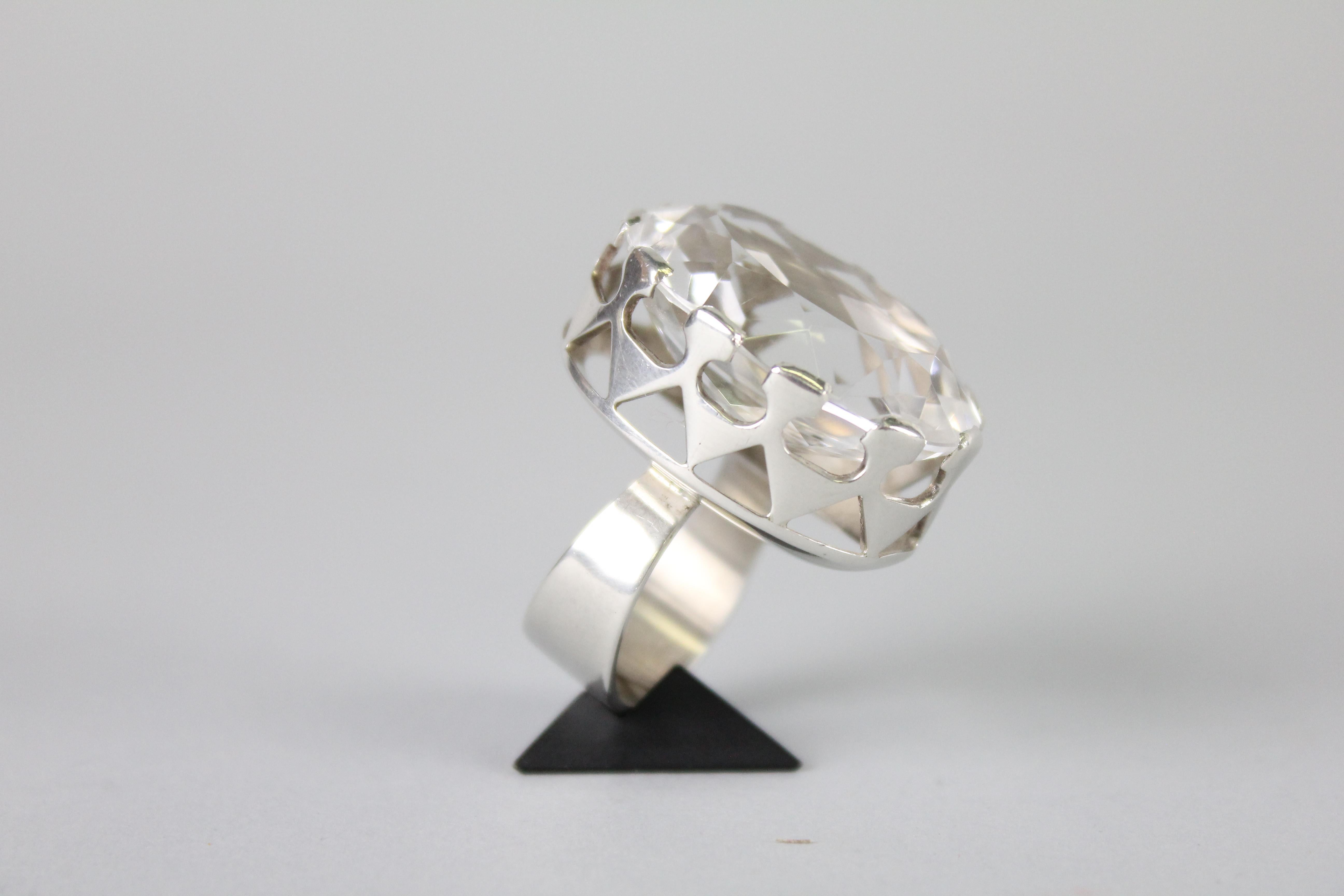 Modernist Ring in Silver and a Large Rock Crystal by Kaplan, Stockholm, 1968 For Sale 3