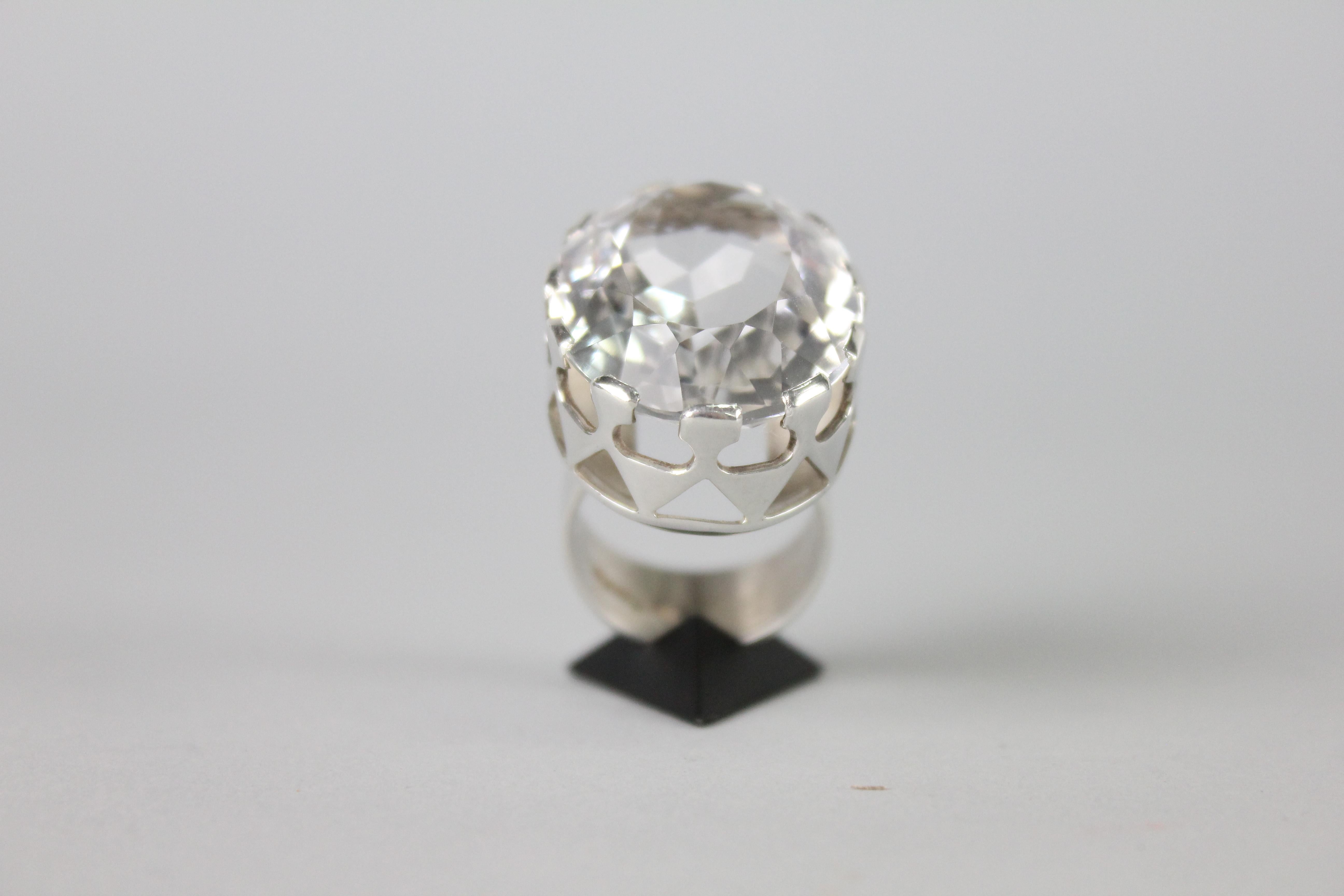 Modernist Ring in Silver and a Large Rock Crystal by Kaplan, Stockholm, 1968 For Sale 4