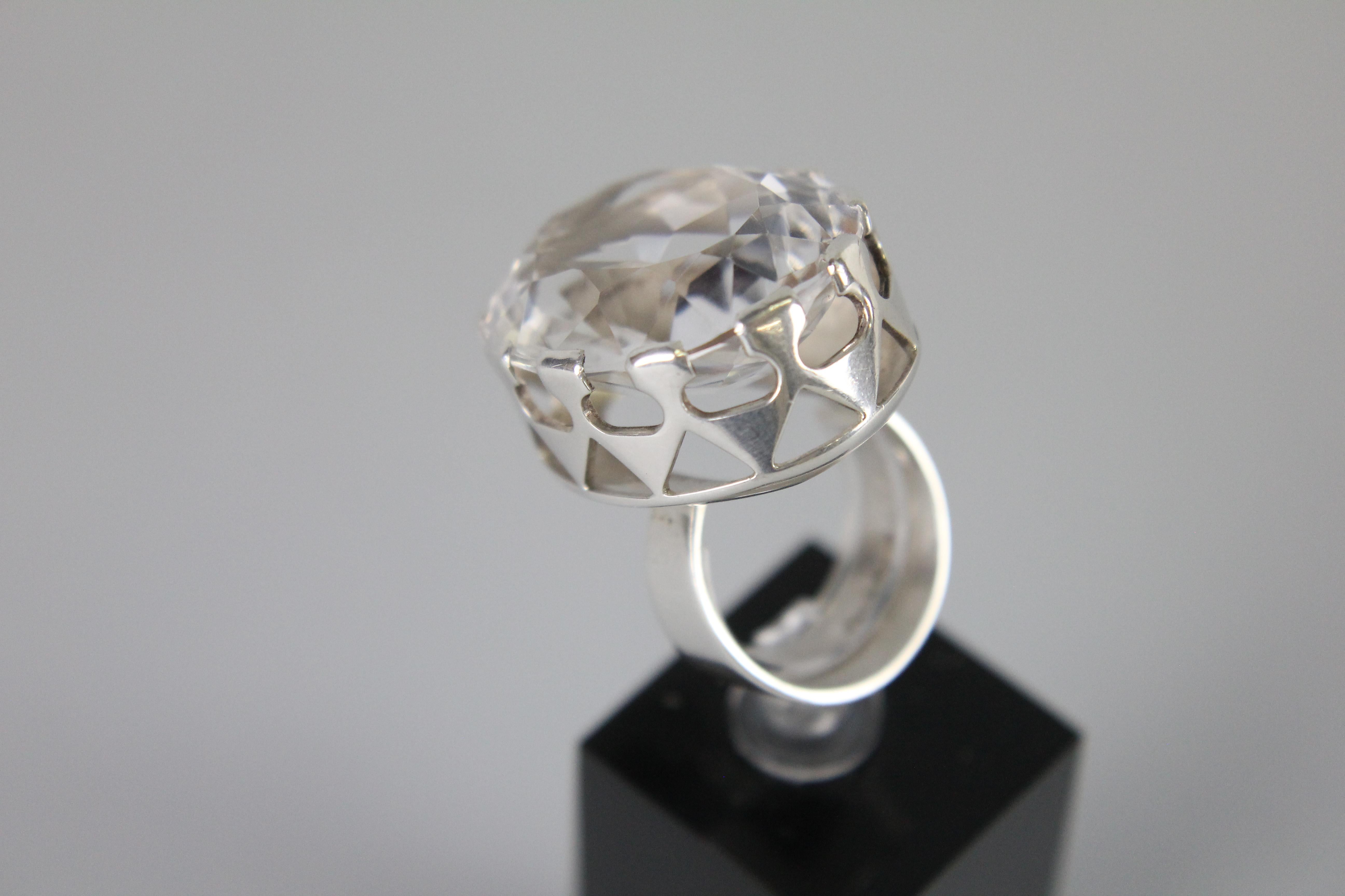 Modernist Ring in Silver and a Large Rock Crystal by Kaplan, Stockholm, 1968 For Sale 5