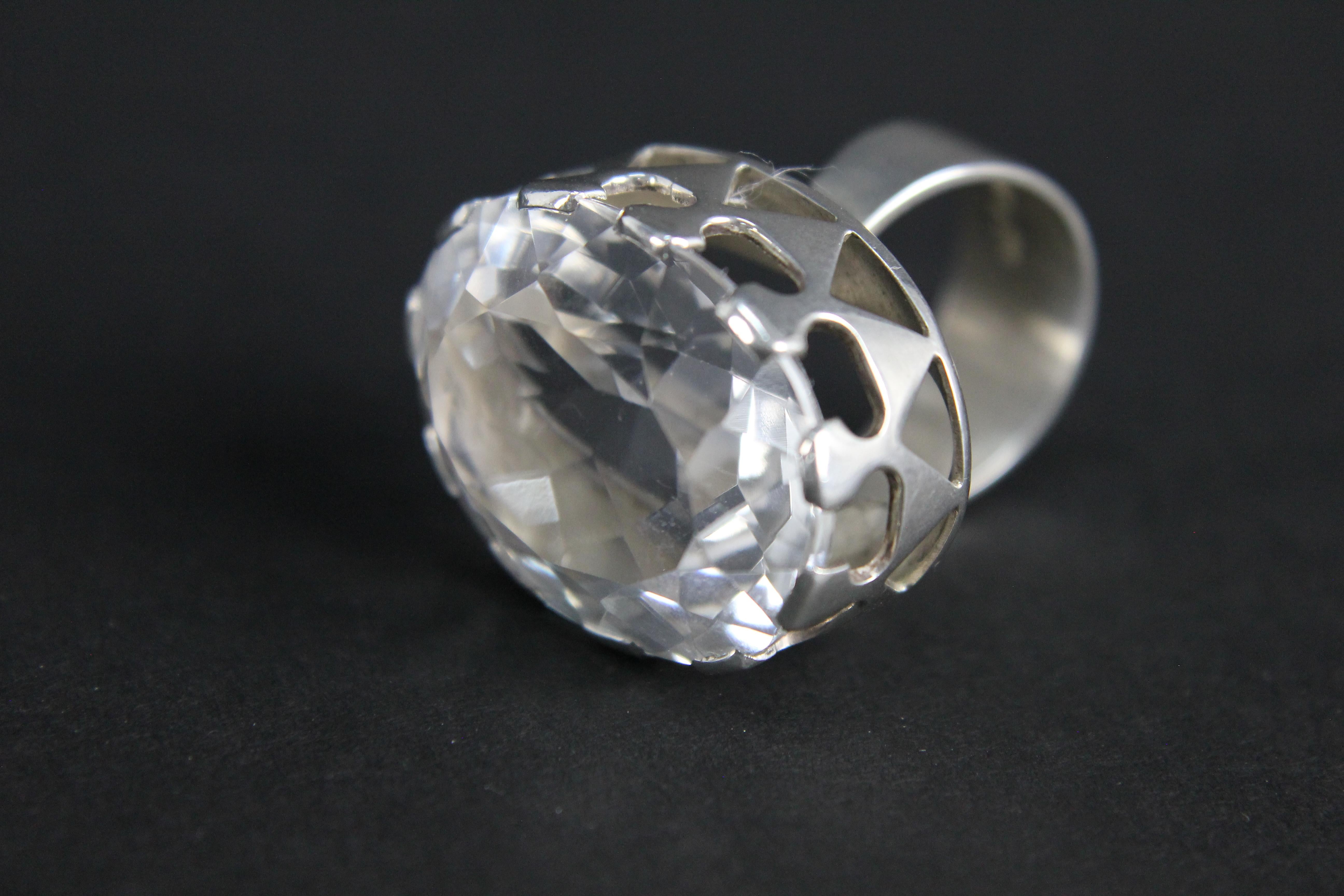 Modernist Ring in Silver and a Large Rock Crystal by Kaplan, Stockholm, 1968 For Sale 6