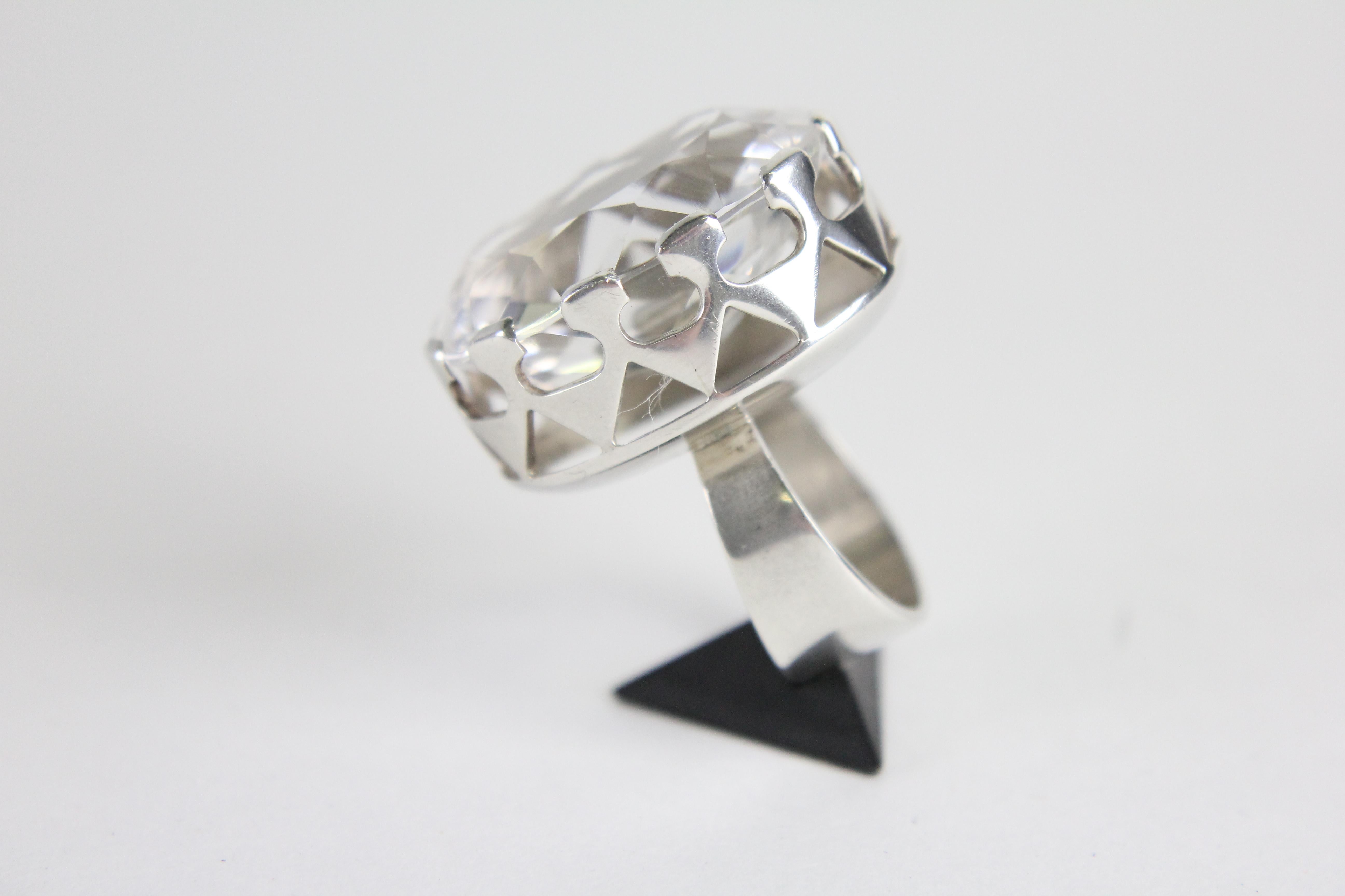 Modernist Ring in Silver and a Large Rock Crystal by Kaplan, Stockholm, 1968 For Sale 7