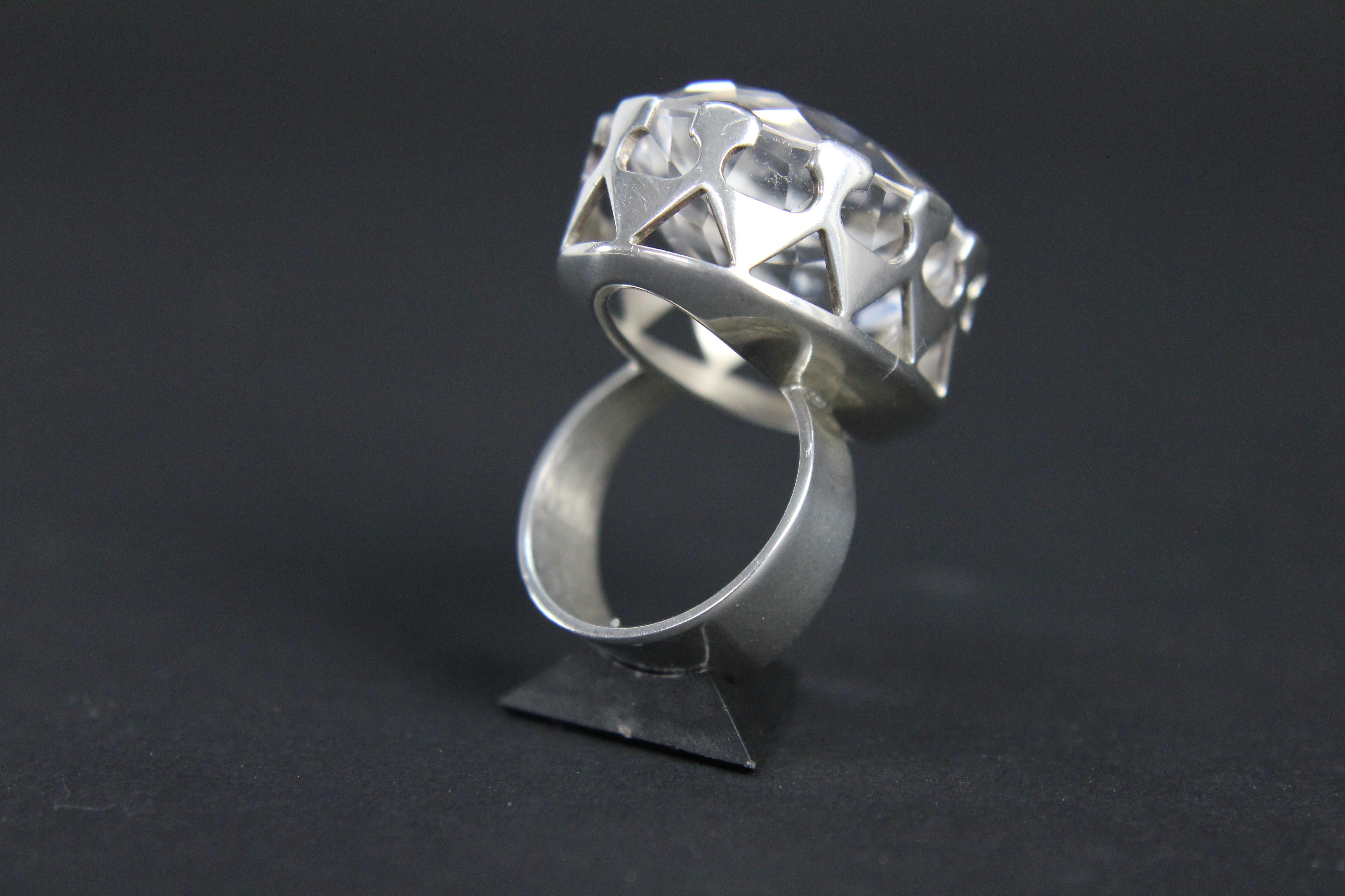 Women's Modernist Ring in Silver and a Large Rock Crystal by Kaplan, Stockholm, 1968 For Sale