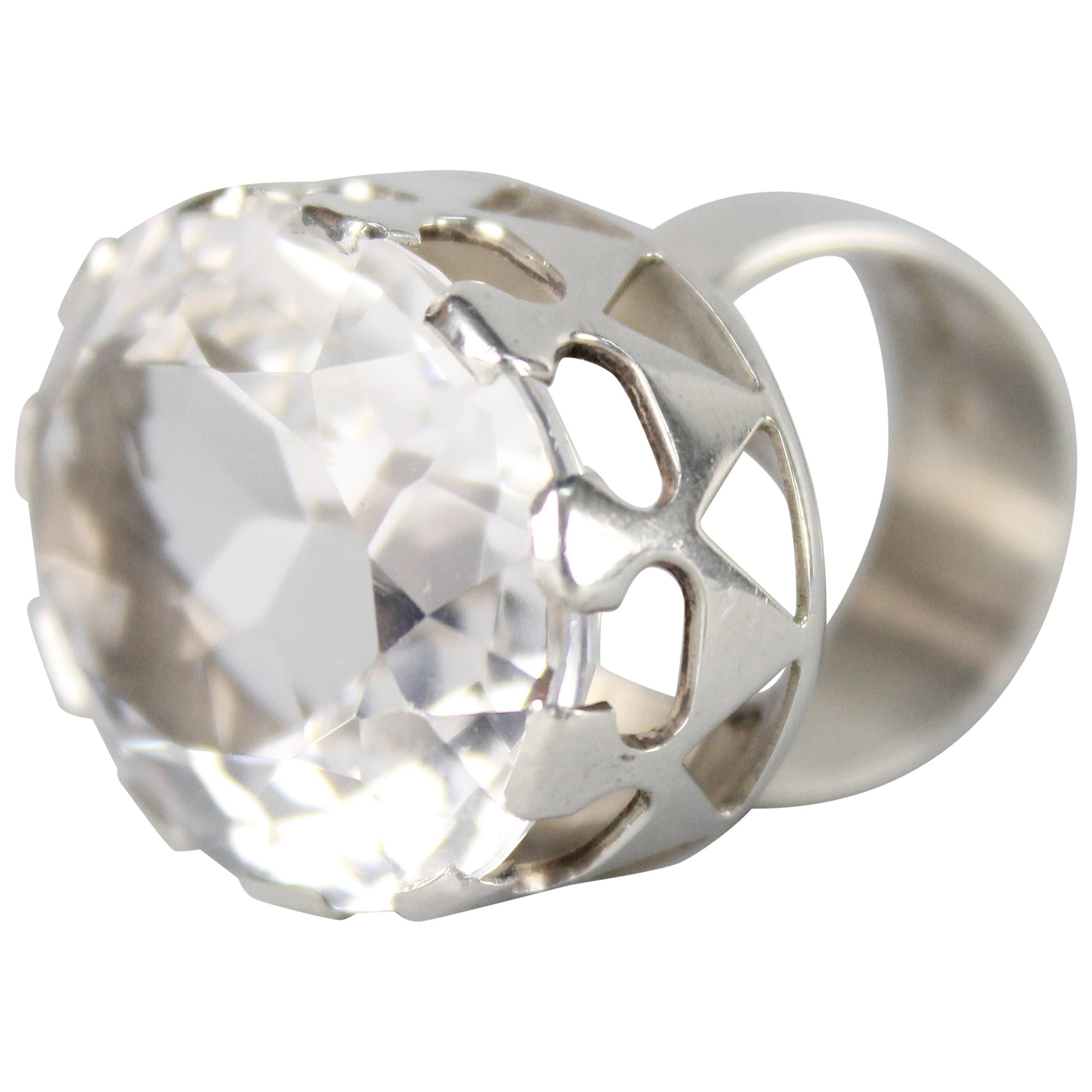 Modernist Ring in Silver and a Large Rock Crystal by Kaplan, Stockholm, 1968 For Sale