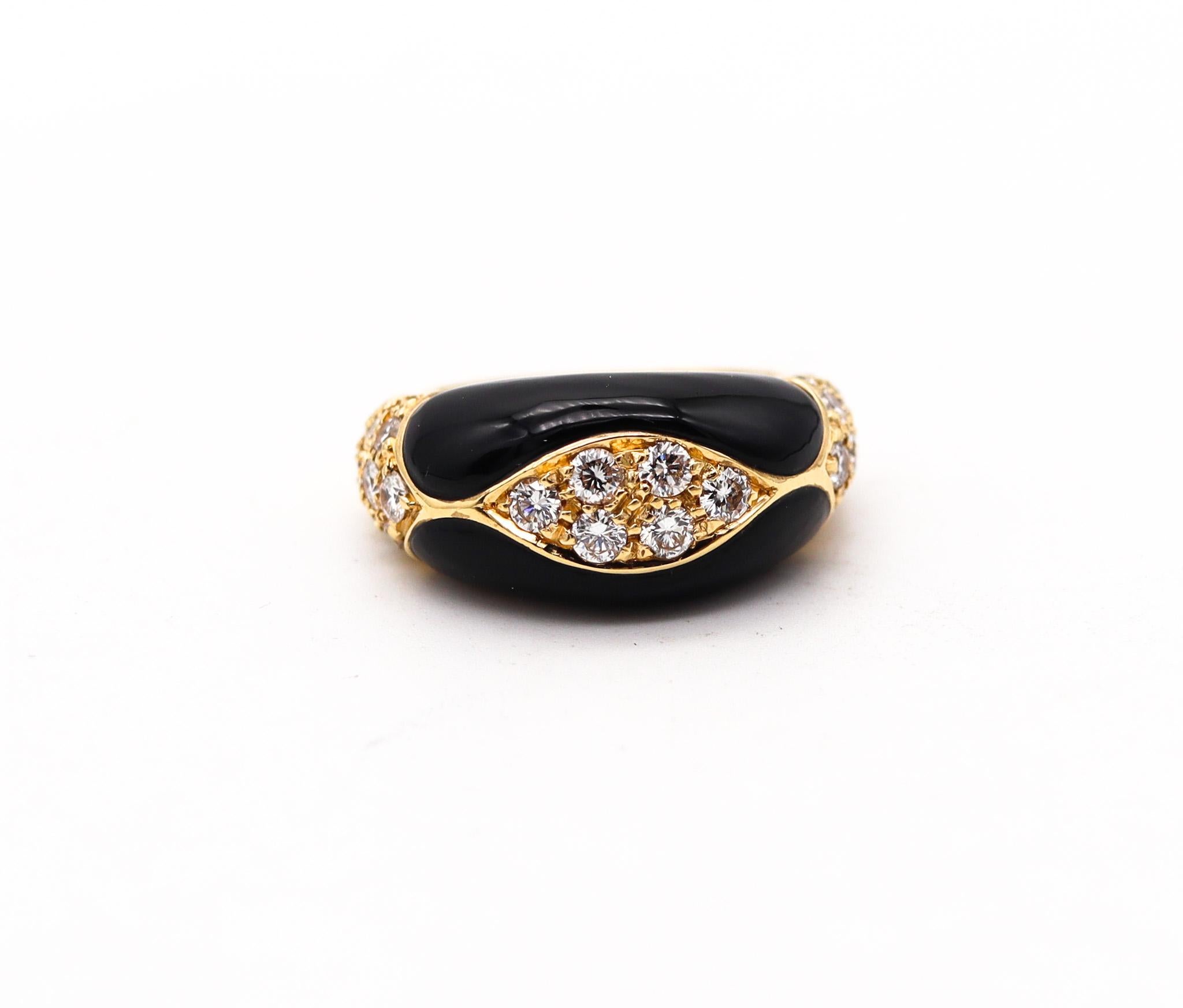Modernist cocktail band ring with gemstones.

Great modernist ring, created in Italy with aerodynamic wavy designs. This unusual ring has been crafted with bold compact look in solid yellow gold of 18 karats with high polished finish. The ring is
