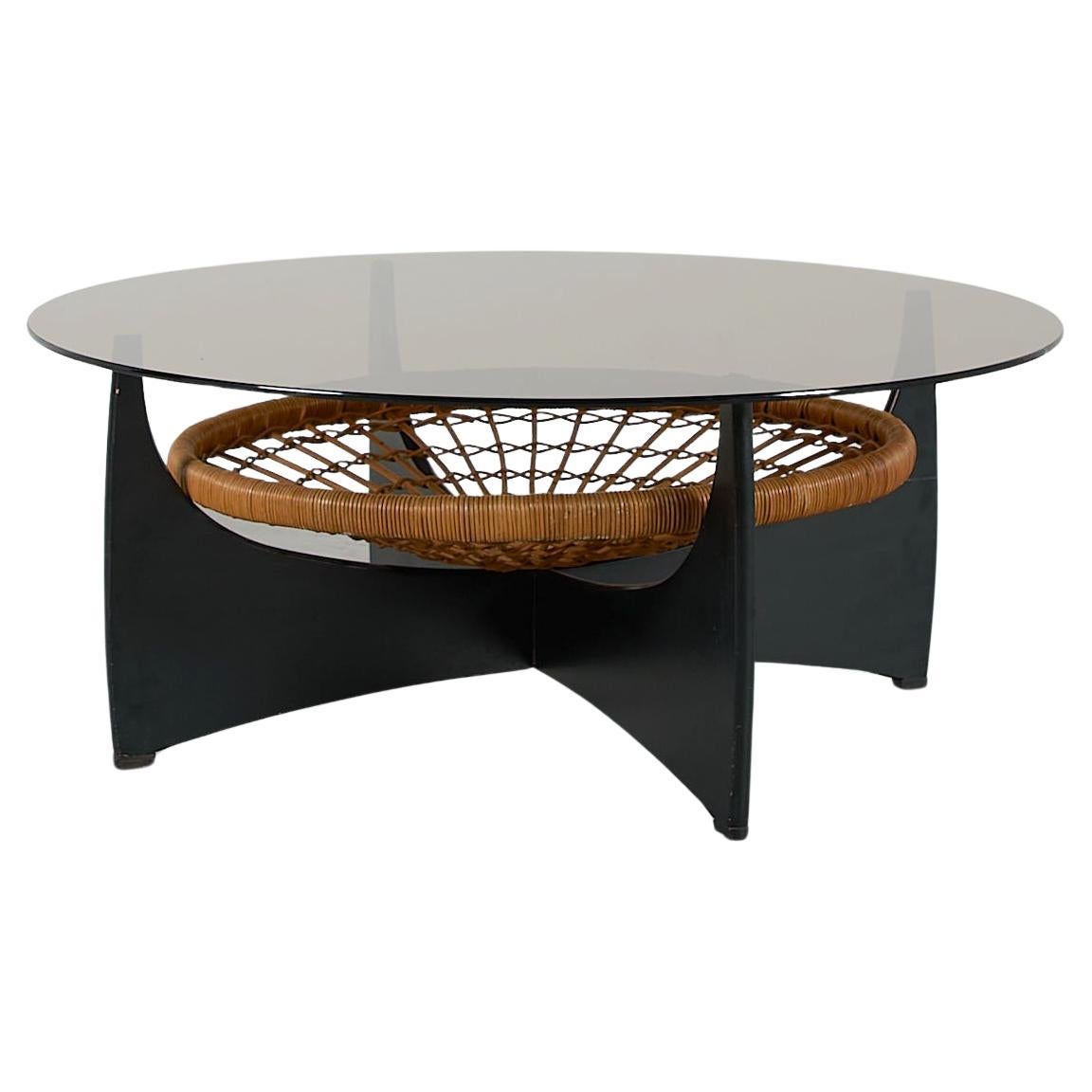 Tavolino da caffè modernista "Rokato" in rattan e vetro di Gebr. Jonkers, 1970 in vendita