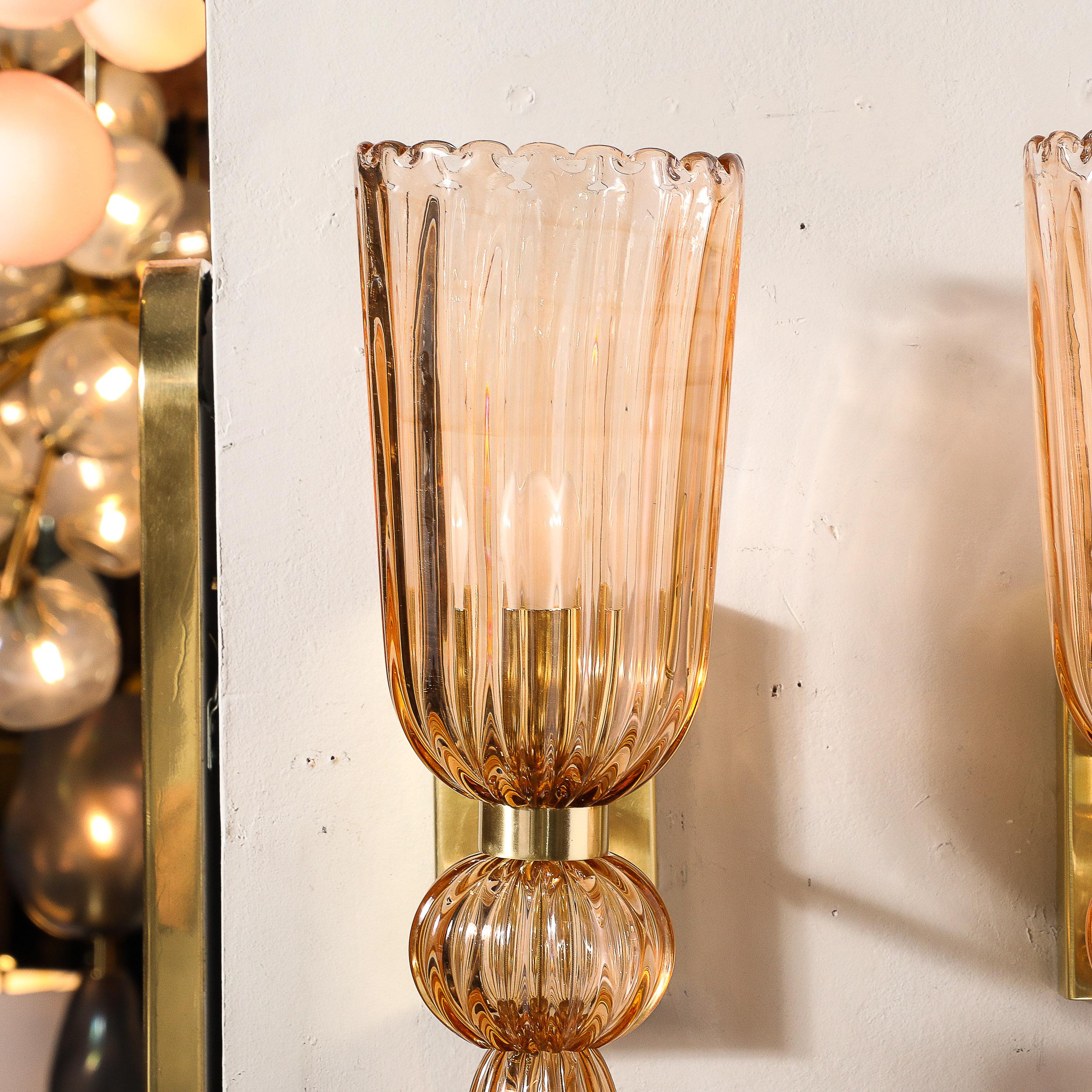 Modernist Rose Hand-Blown Murano Glass & Brass Sconces with Elongated Drop For Sale 5