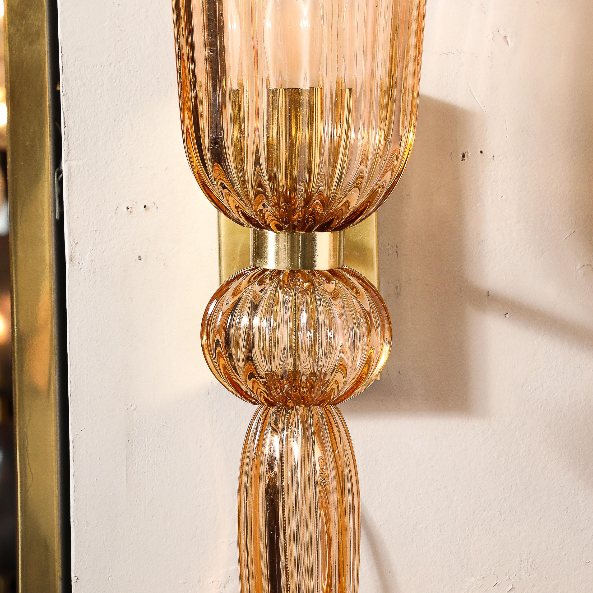 Modernist Rose Hand-Blown Murano Glass & Brass Sconces with Elongated Drop For Sale 6