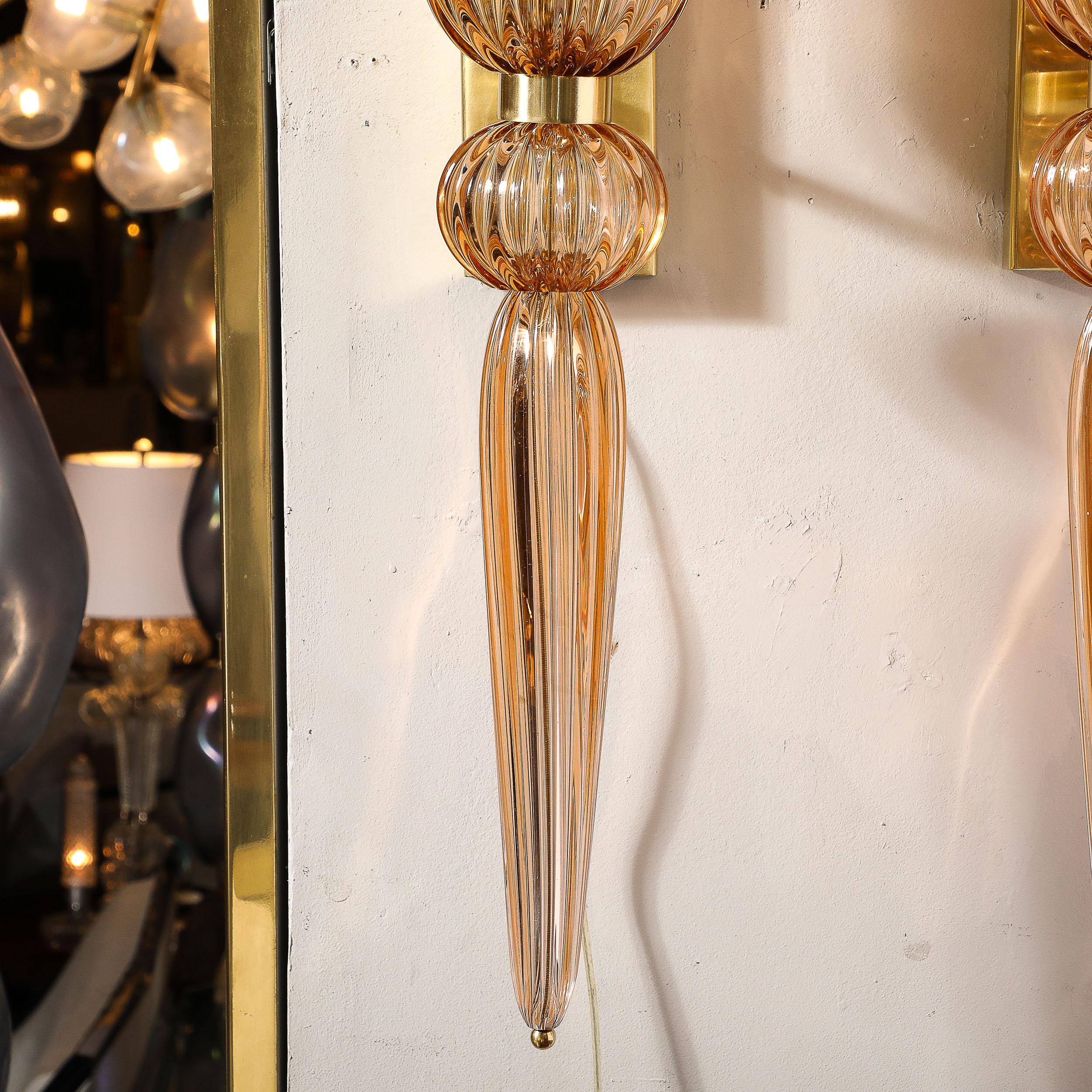 Modernist Rose Hand-Blown Murano Glass & Brass Sconces with Elongated Drop For Sale 7