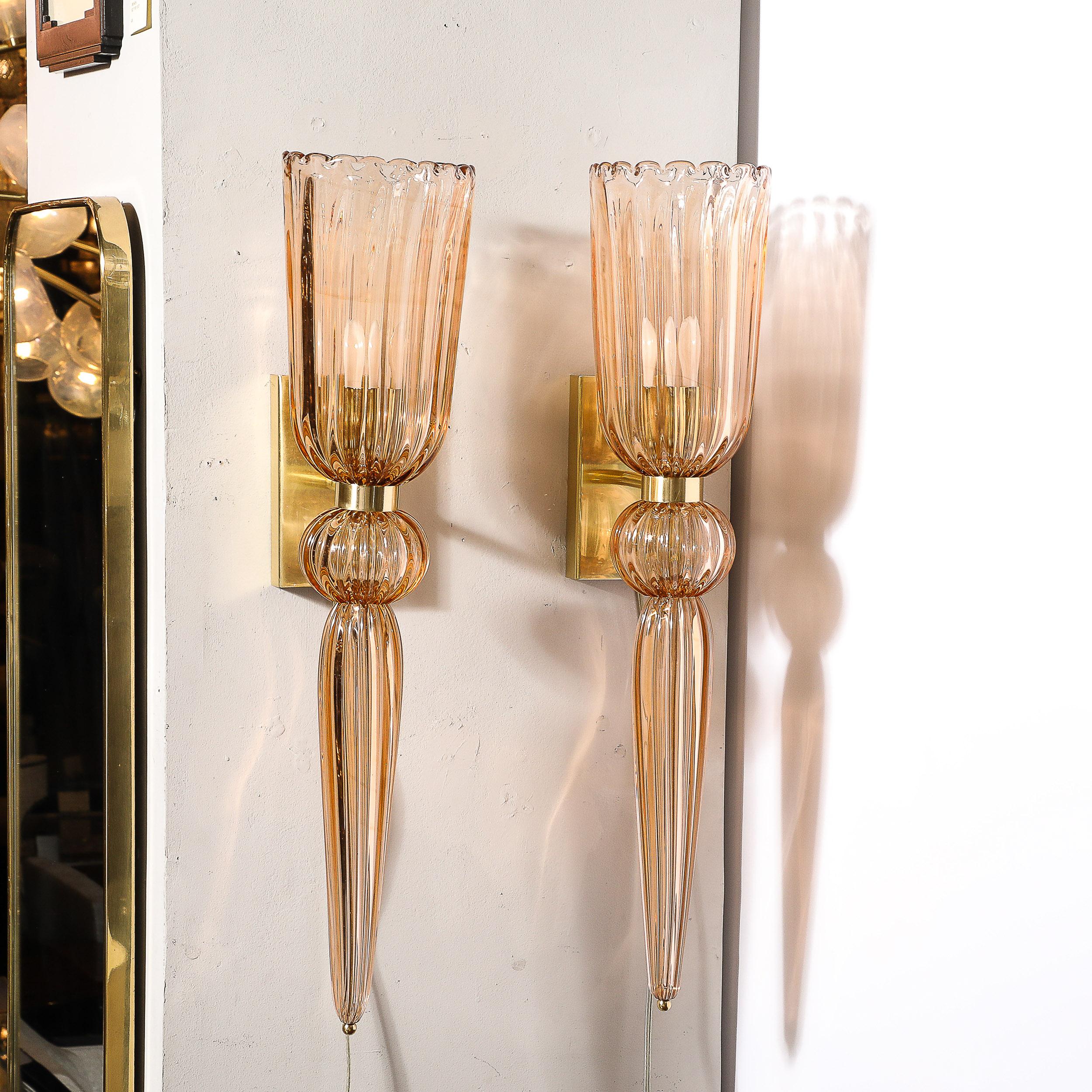 Modernist Rose Hand-Blown Murano Glass & Brass Sconces with Elongated Drop For Sale 8