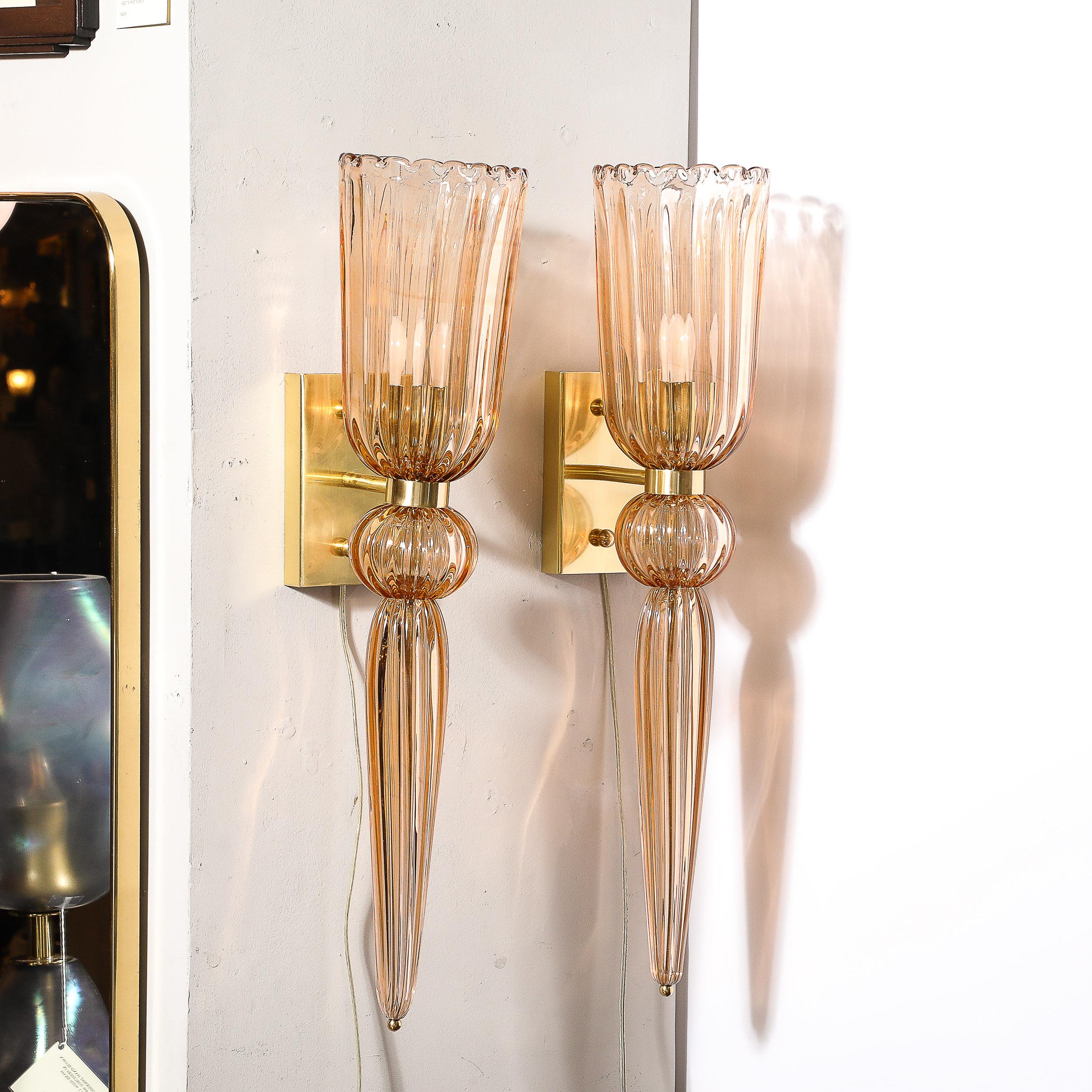 Modernist Rose Hand-Blown Murano Glass & Brass Sconces with Elongated Drop For Sale 9