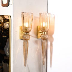 Modernist Rose Hand-Blown Murano Glass & Brass Sconces with Elongated Drop