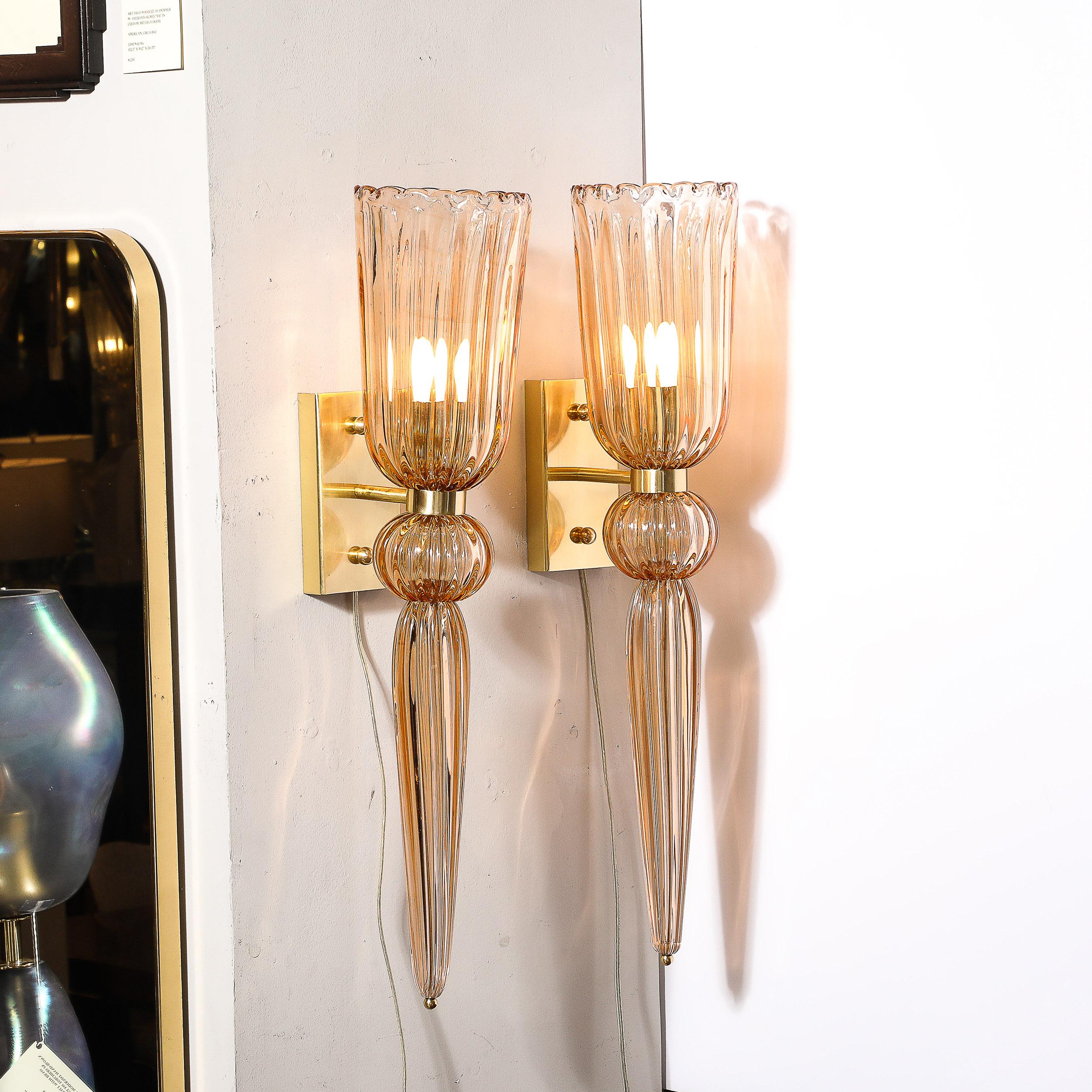 Italian Modernist Rose Hand-Blown Murano Glass & Brass Sconces with Elongated Drop For Sale