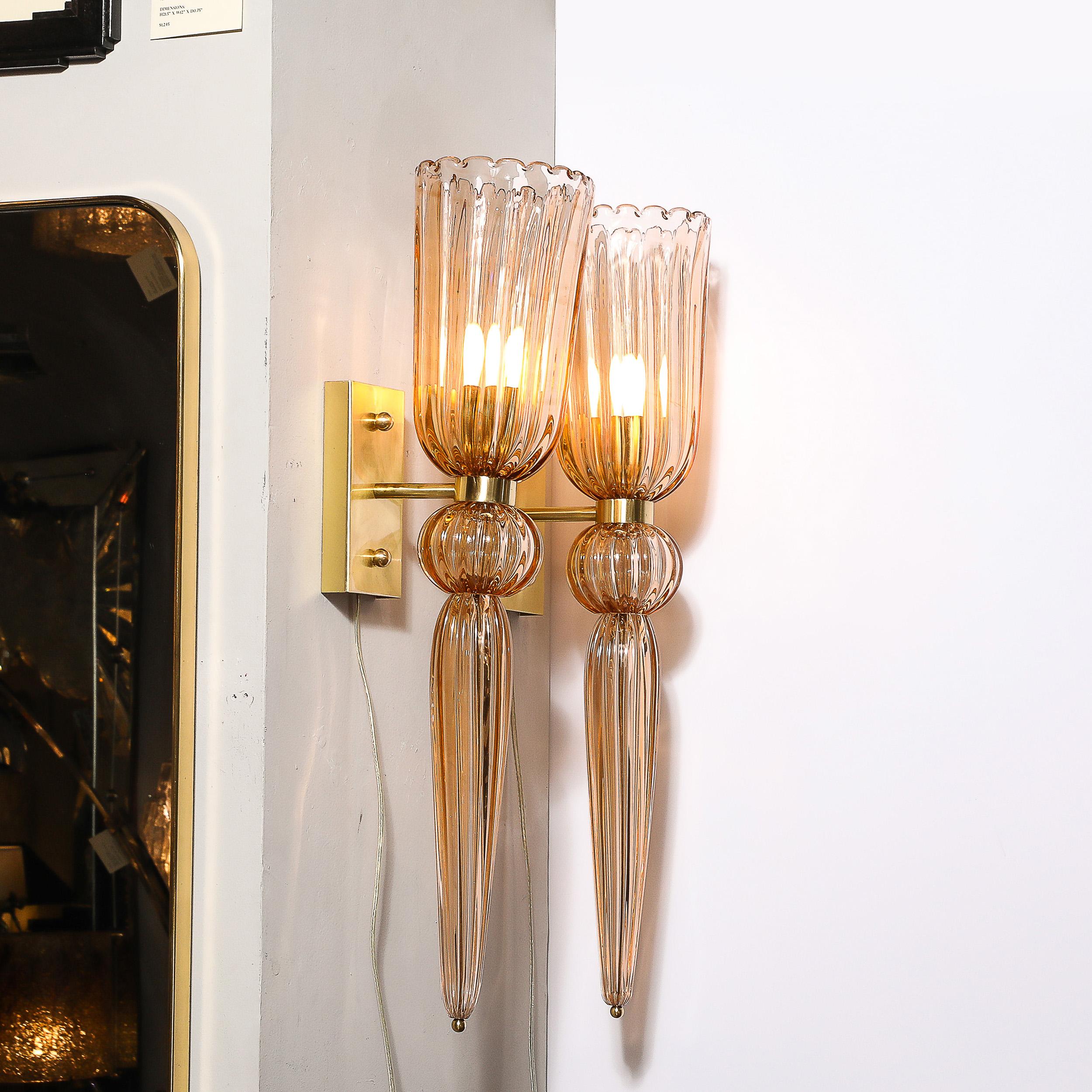 Modernist Rose Hand-Blown Murano Glass & Brass Sconces with Elongated Drop In New Condition For Sale In New York, NY