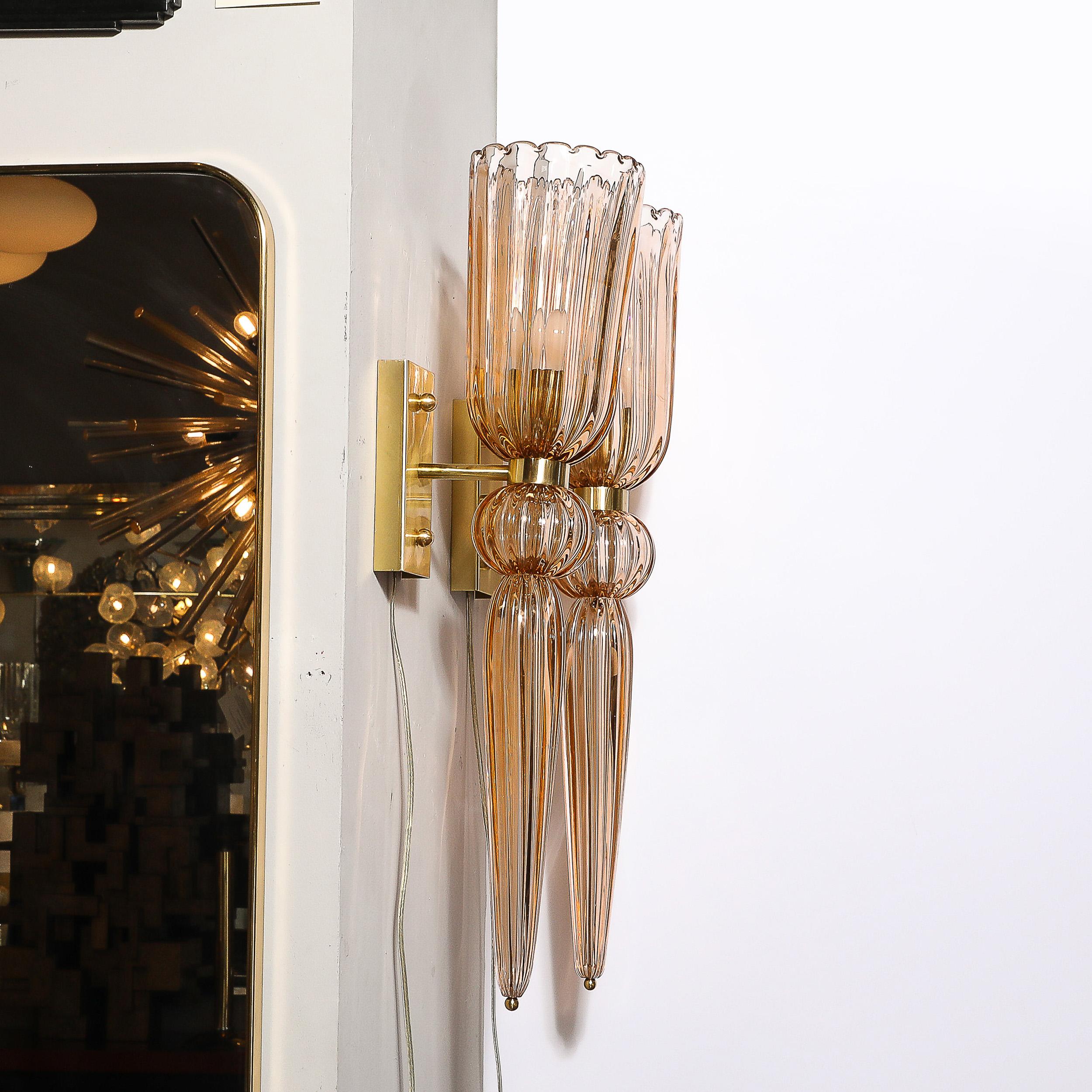 Contemporary Modernist Rose Hand-Blown Murano Glass & Brass Sconces with Elongated Drop For Sale