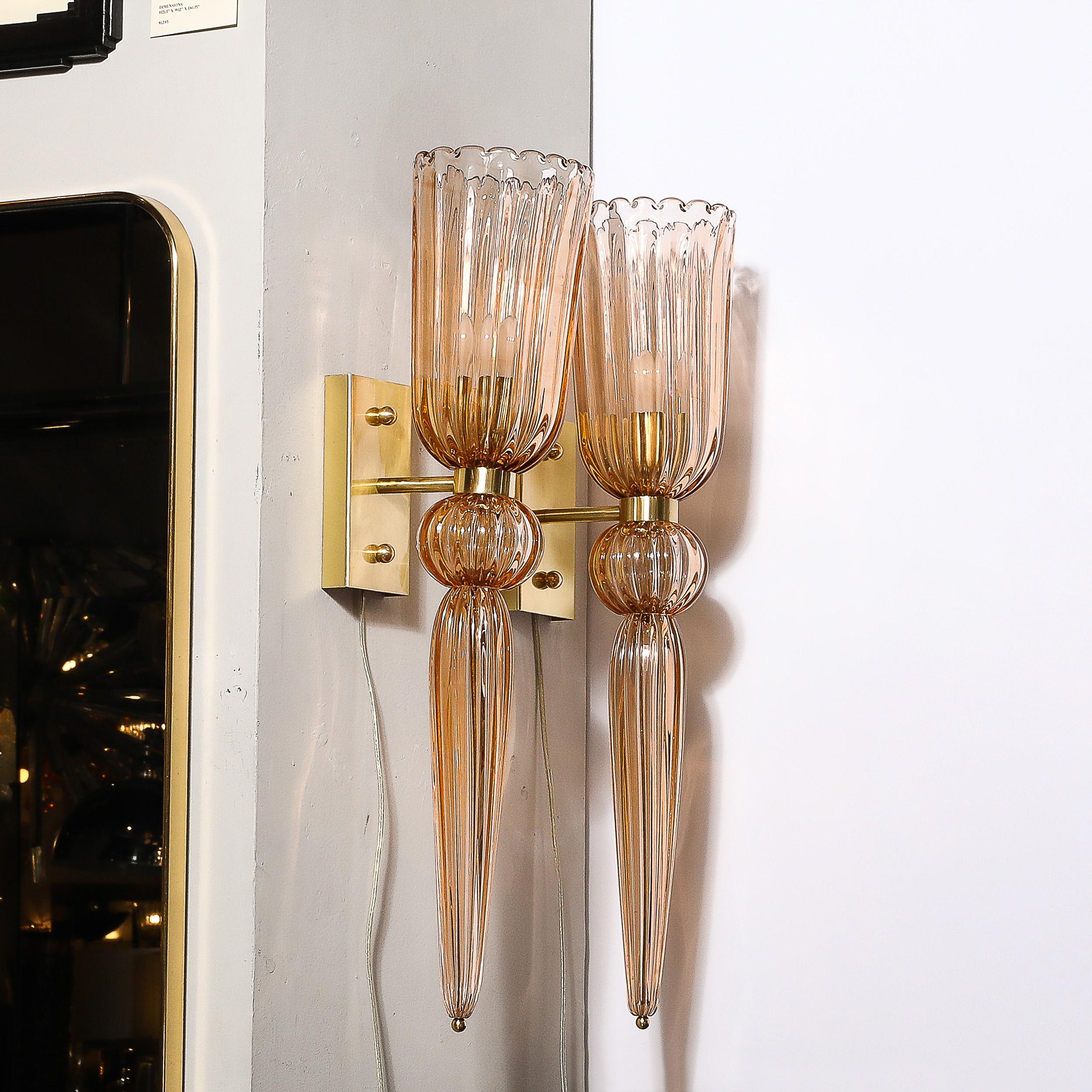 Modernist Rose Hand-Blown Murano Glass & Brass Sconces with Elongated Drop For Sale 1