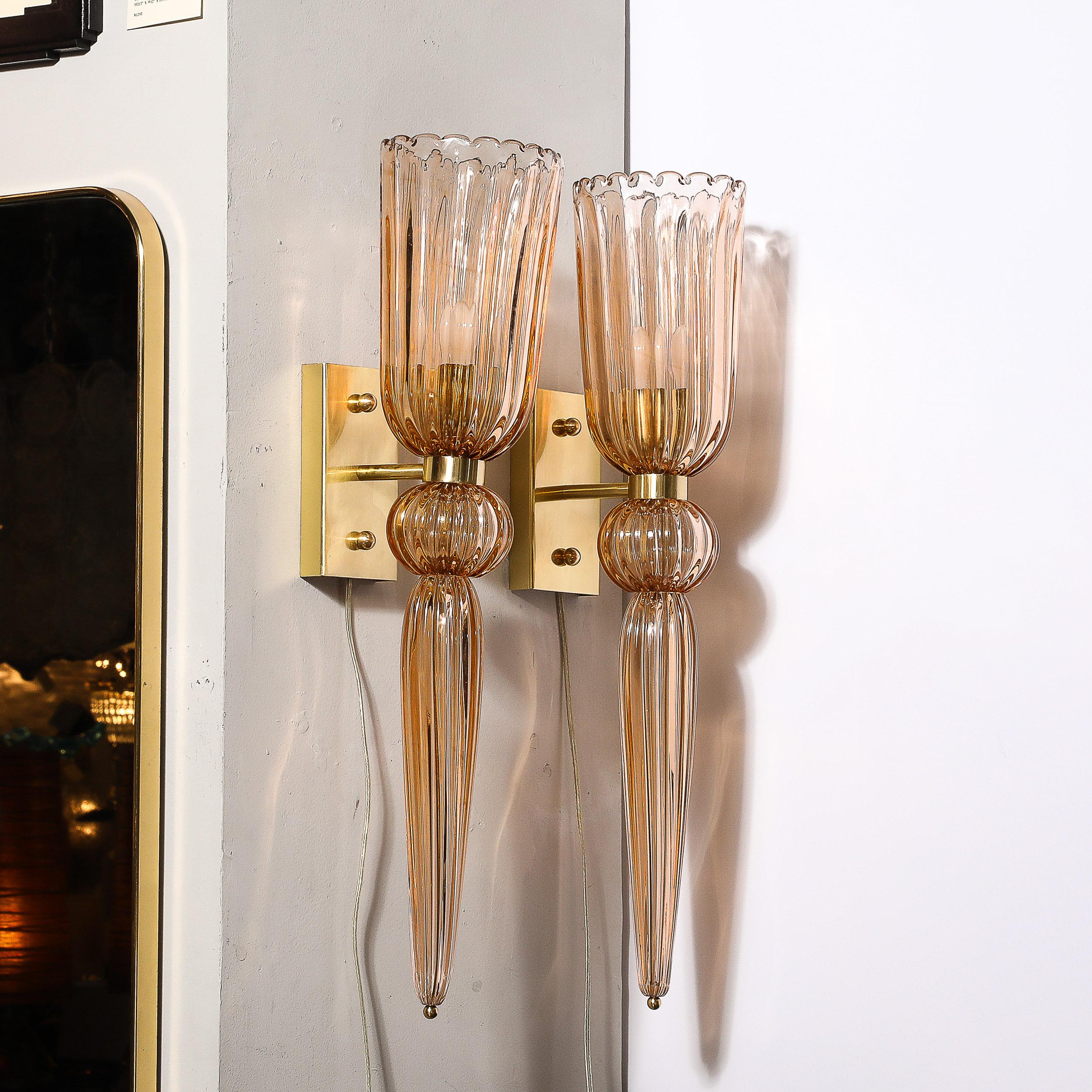Modernist Rose Hand-Blown Murano Glass & Brass Sconces with Elongated Drop For Sale 2