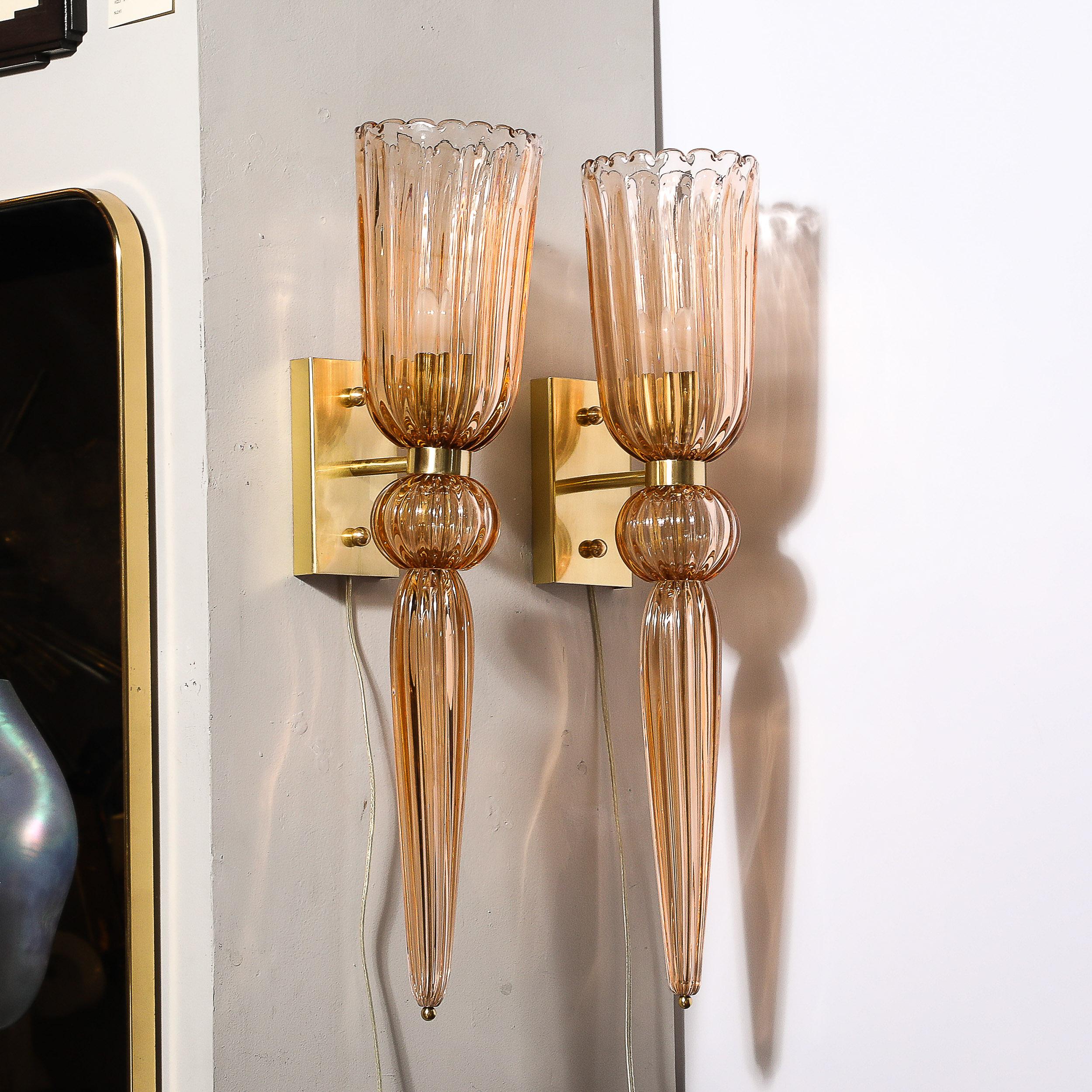 Modernist Rose Hand-Blown Murano Glass & Brass Sconces with Elongated Drop For Sale 3