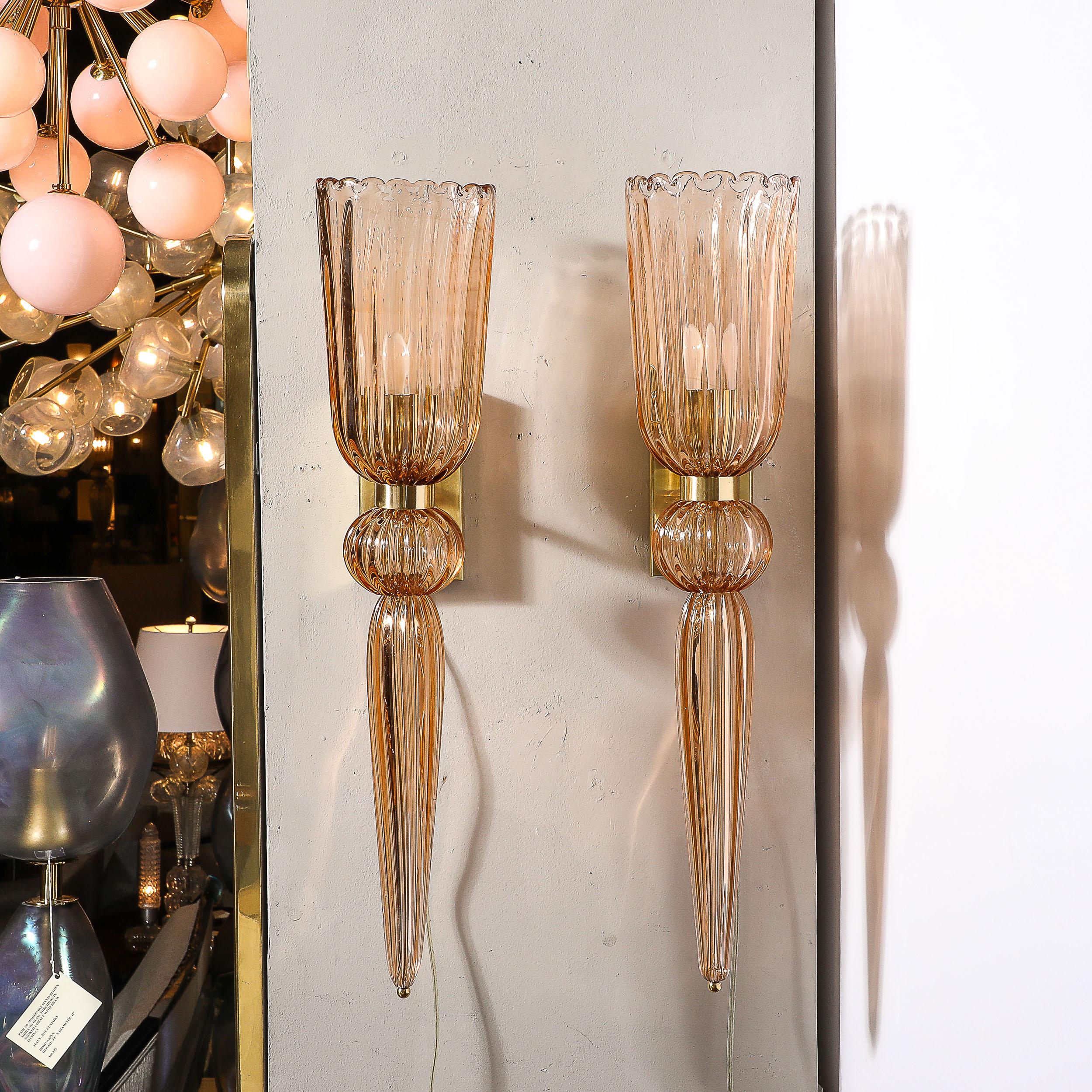 Modernist Rose Hand-Blown Murano Glass & Brass Sconces with Elongated Drop For Sale 4