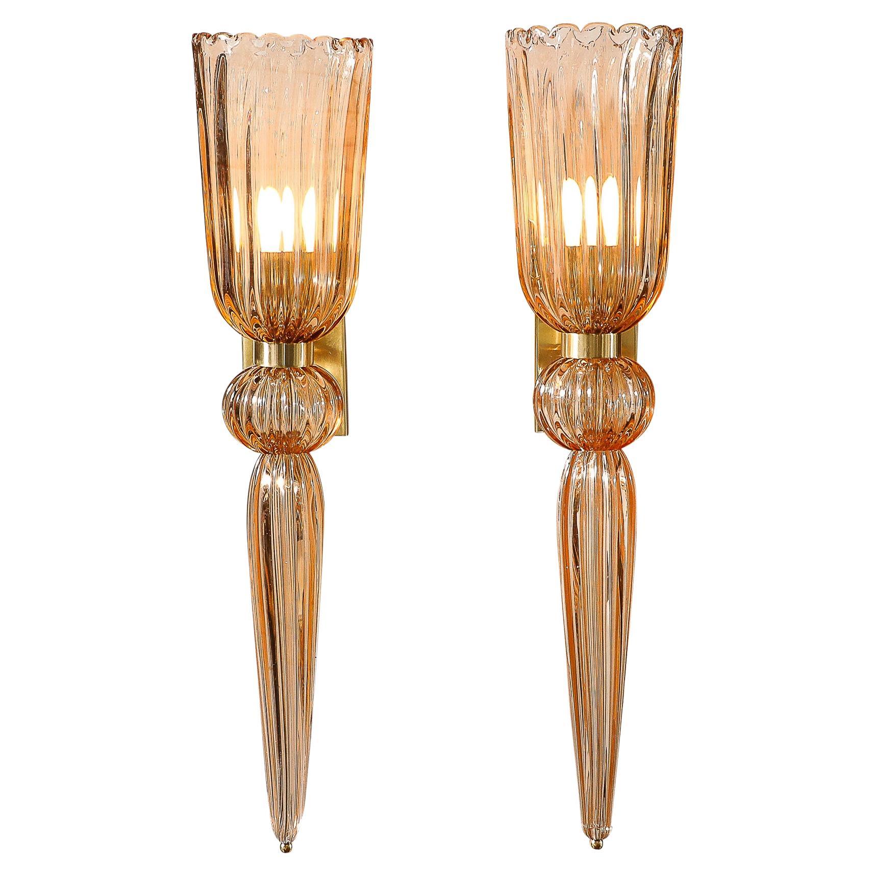 Modernist Rose Hand-Blown Murano Glass & Brass Sconces with Elongated Drop For Sale