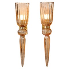 Modernist Rose Hand-Blown Murano Glass & Brass Sconces with Elongated Drop