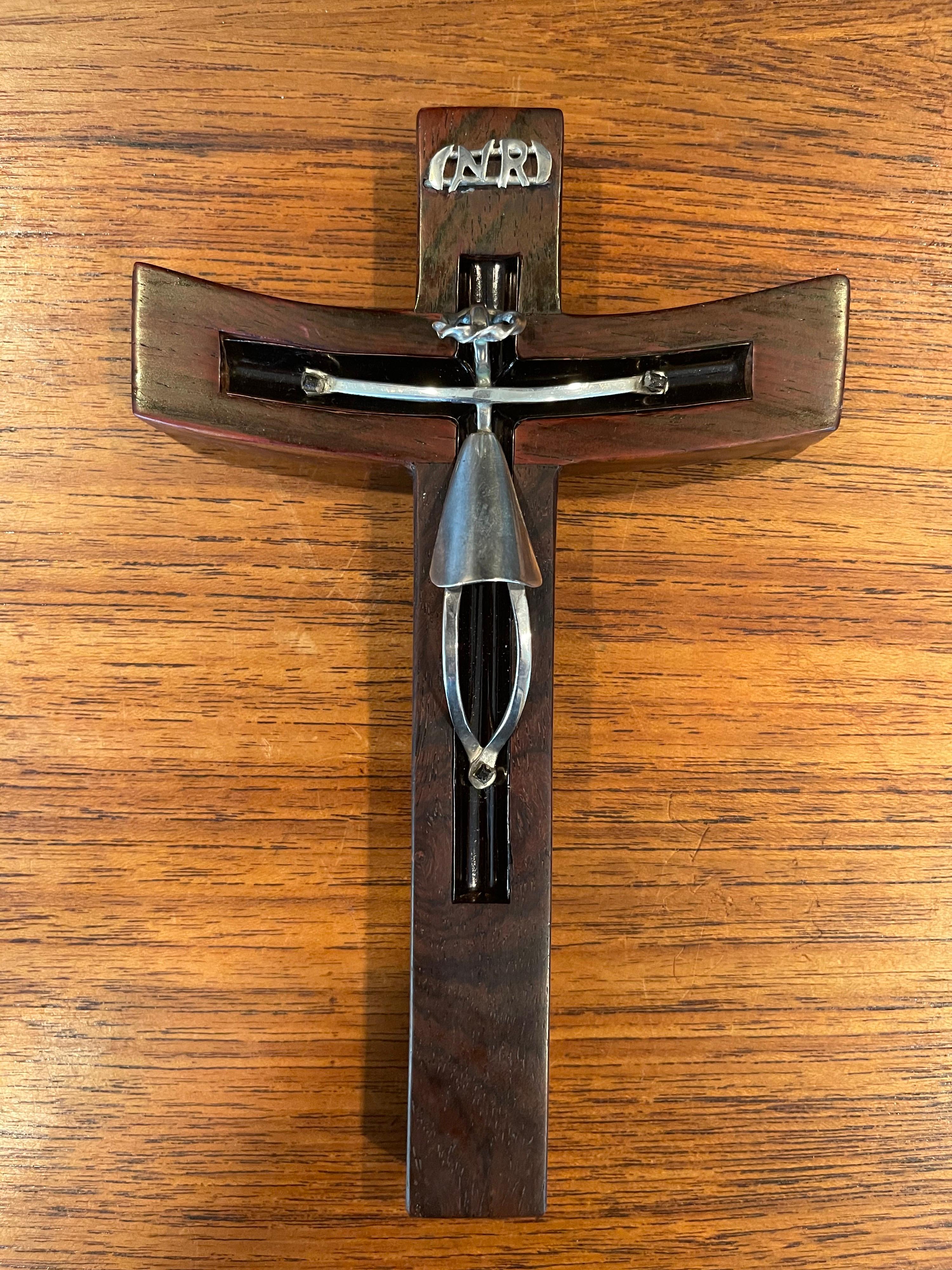 20th Century Modernist Rosewood & Sterling Silver Crucifix / Cross by Taxco