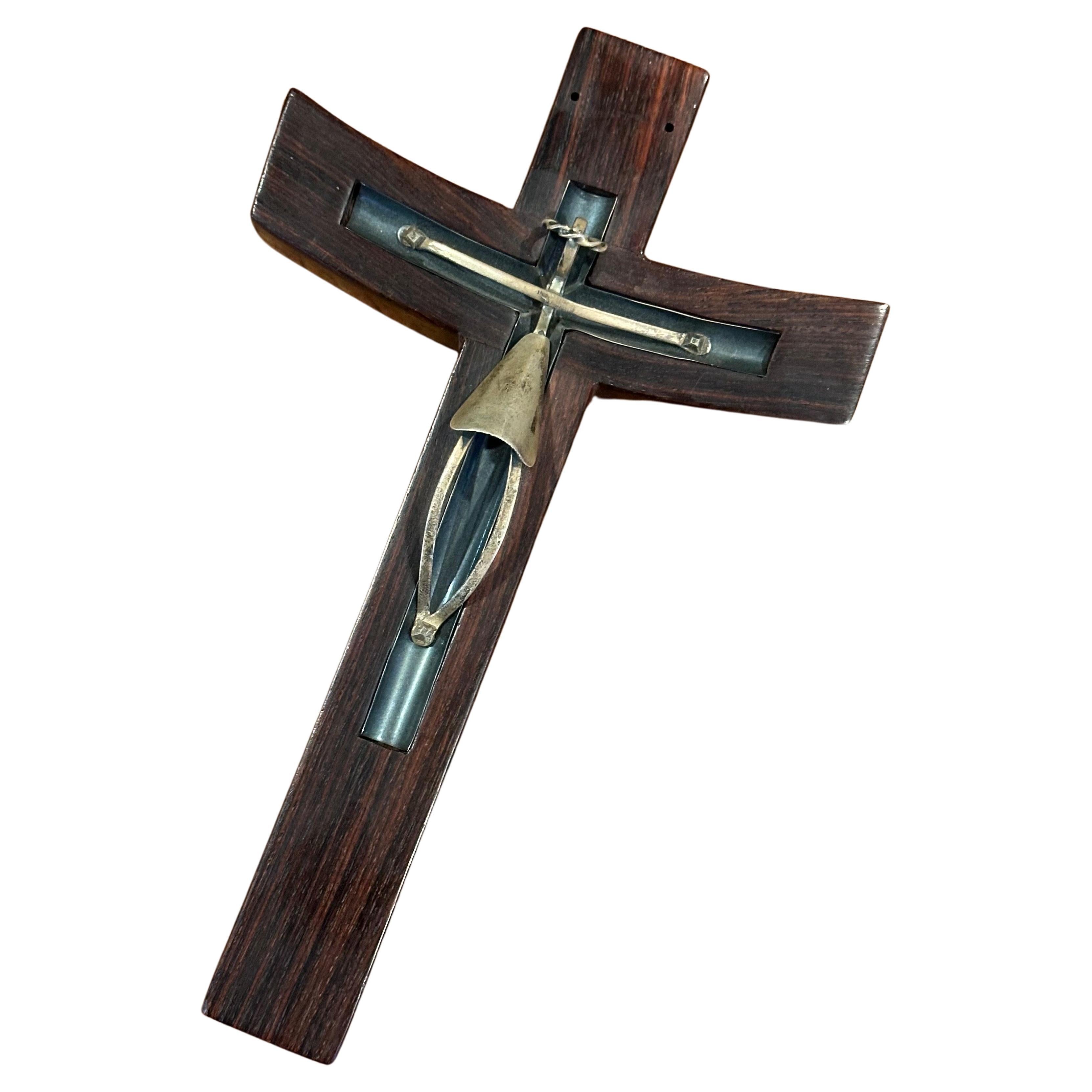 Modernist Rosewood & Sterling Silver Crucifix / Cross by Taxco For Sale