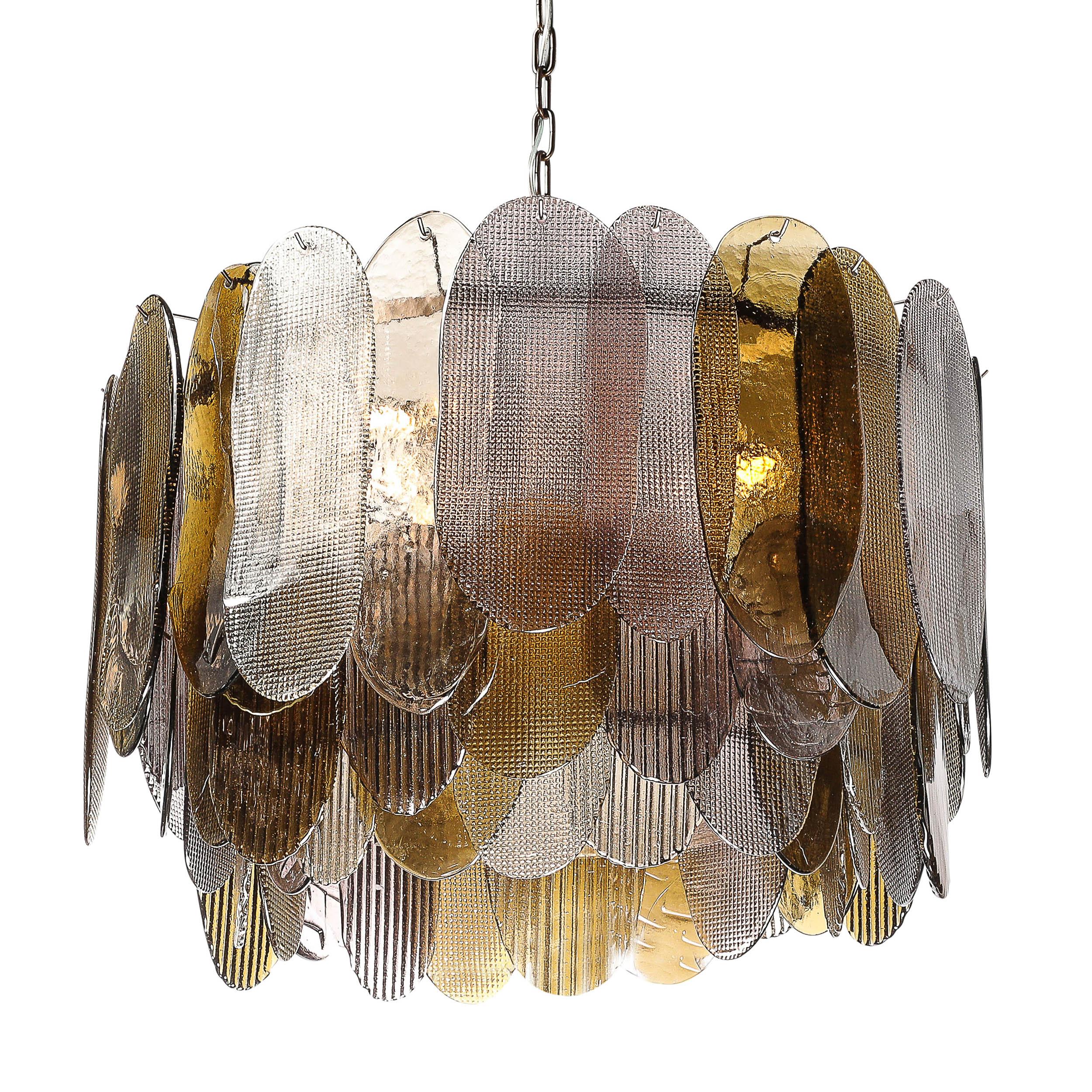 Moderne Lustre moderniste rond à 3 niveaux en verre de Murano soufflé à la main avec abat-jours ovales en roseaux en vente