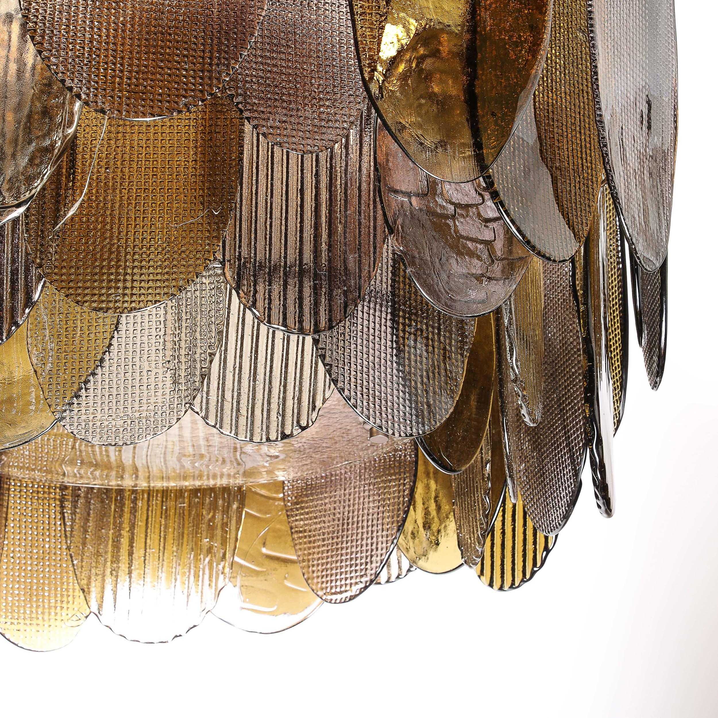 XXIe siècle et contemporain Lustre moderniste rond à 3 niveaux en verre de Murano soufflé à la main avec abat-jours ovales en roseaux en vente