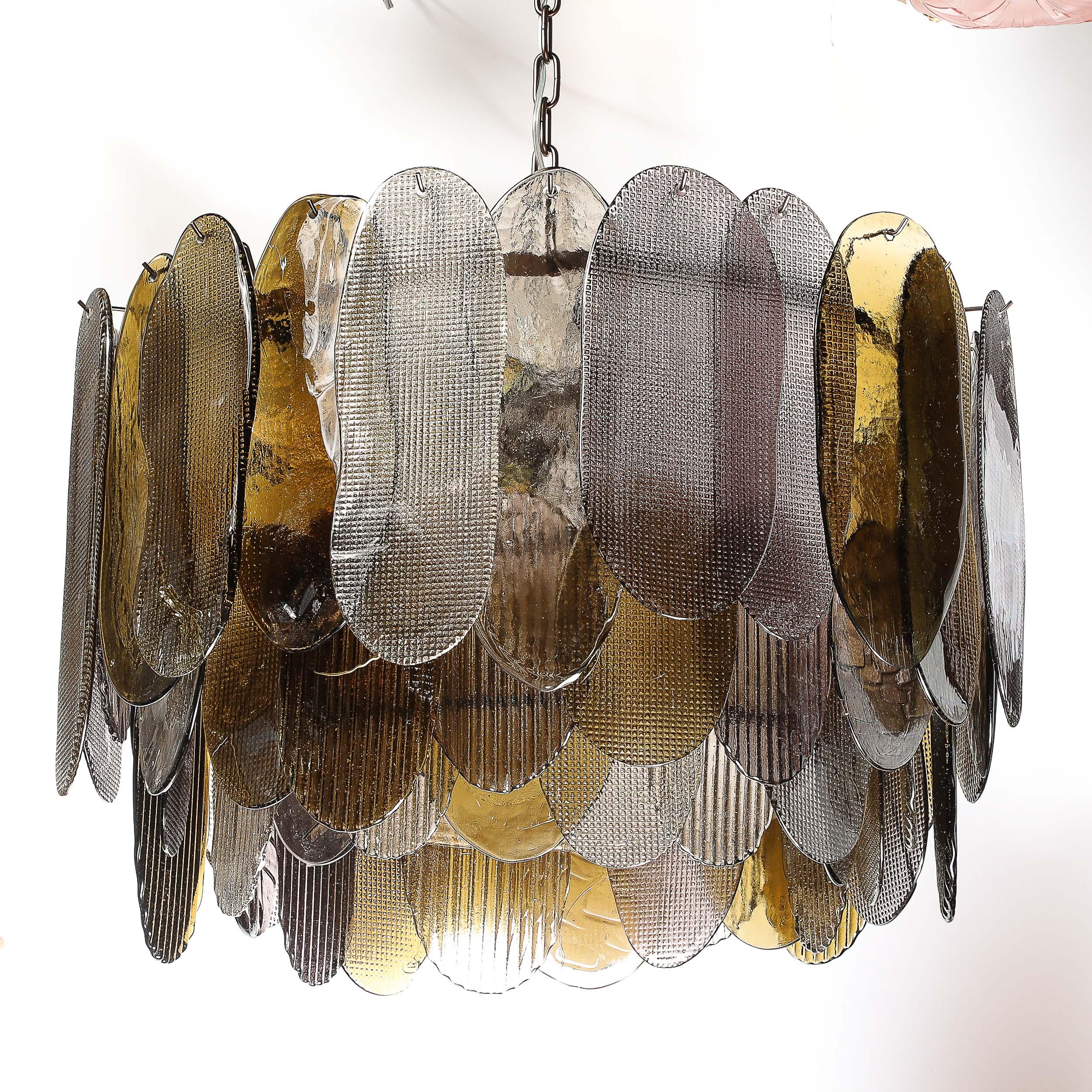 Lustre moderniste rond à 3 niveaux en verre de Murano soufflé à la main avec abat-jours ovales en roseaux en vente 1