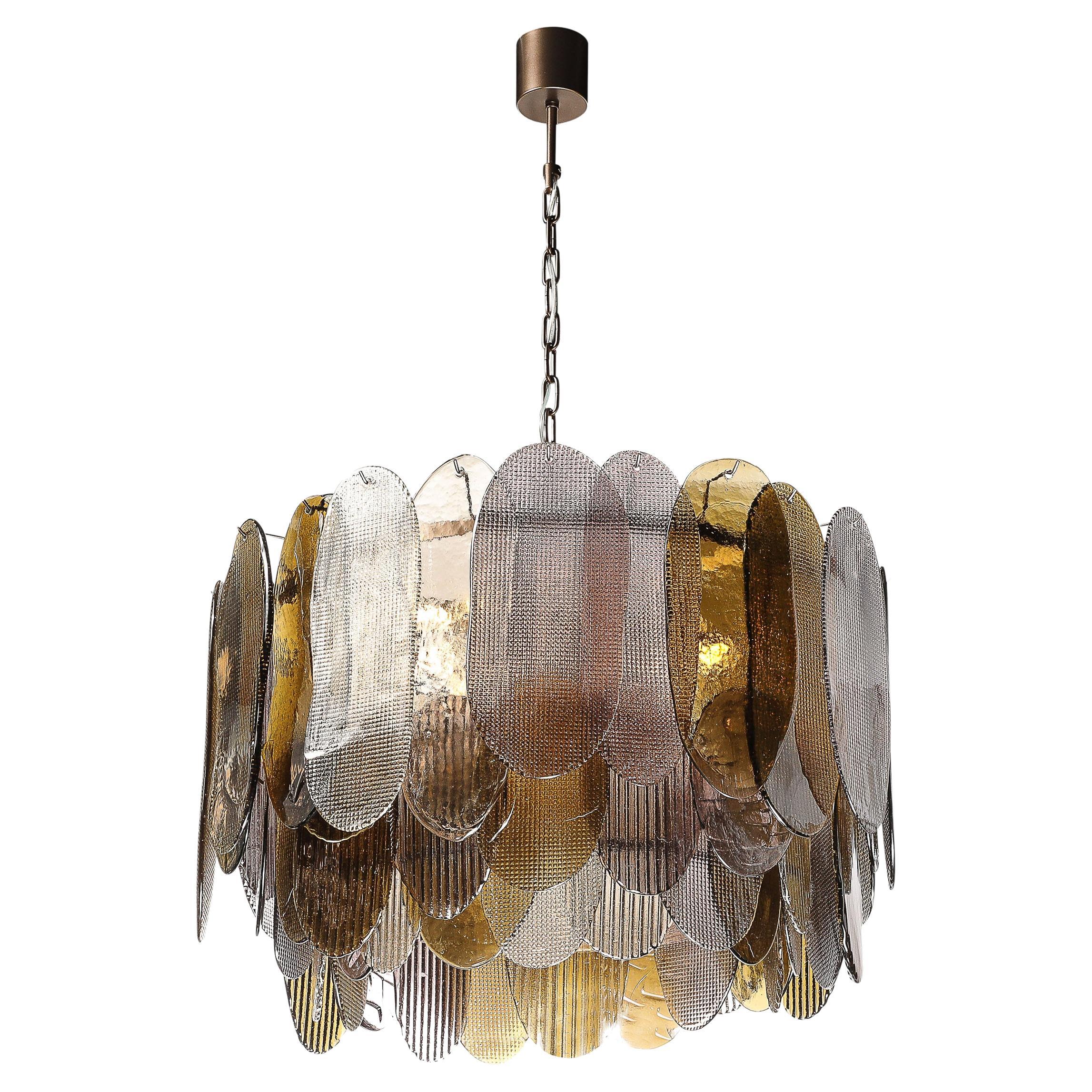 Lustre moderniste rond à 3 niveaux en verre de Murano soufflé à la main avec abat-jours ovales en roseaux