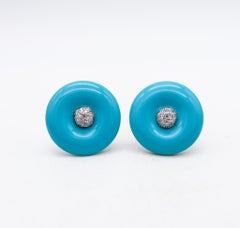 Modernist Round Carved Turquoise Earrings In 18Kt White Gold With VS Diamonds