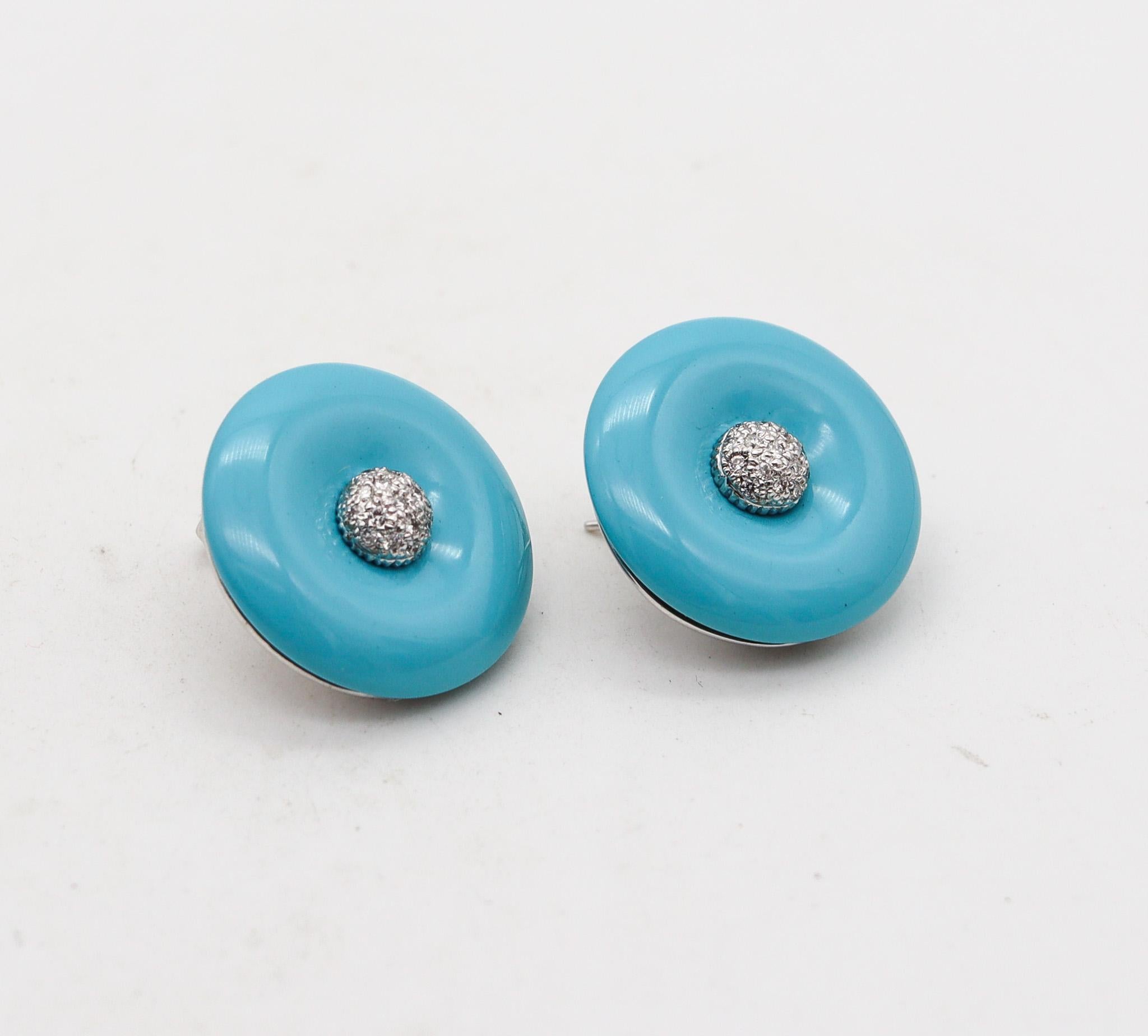 Cabochon Modernist Round Carved Turquoise Earrings In 18Kt White Gold With VS Diamonds For Sale