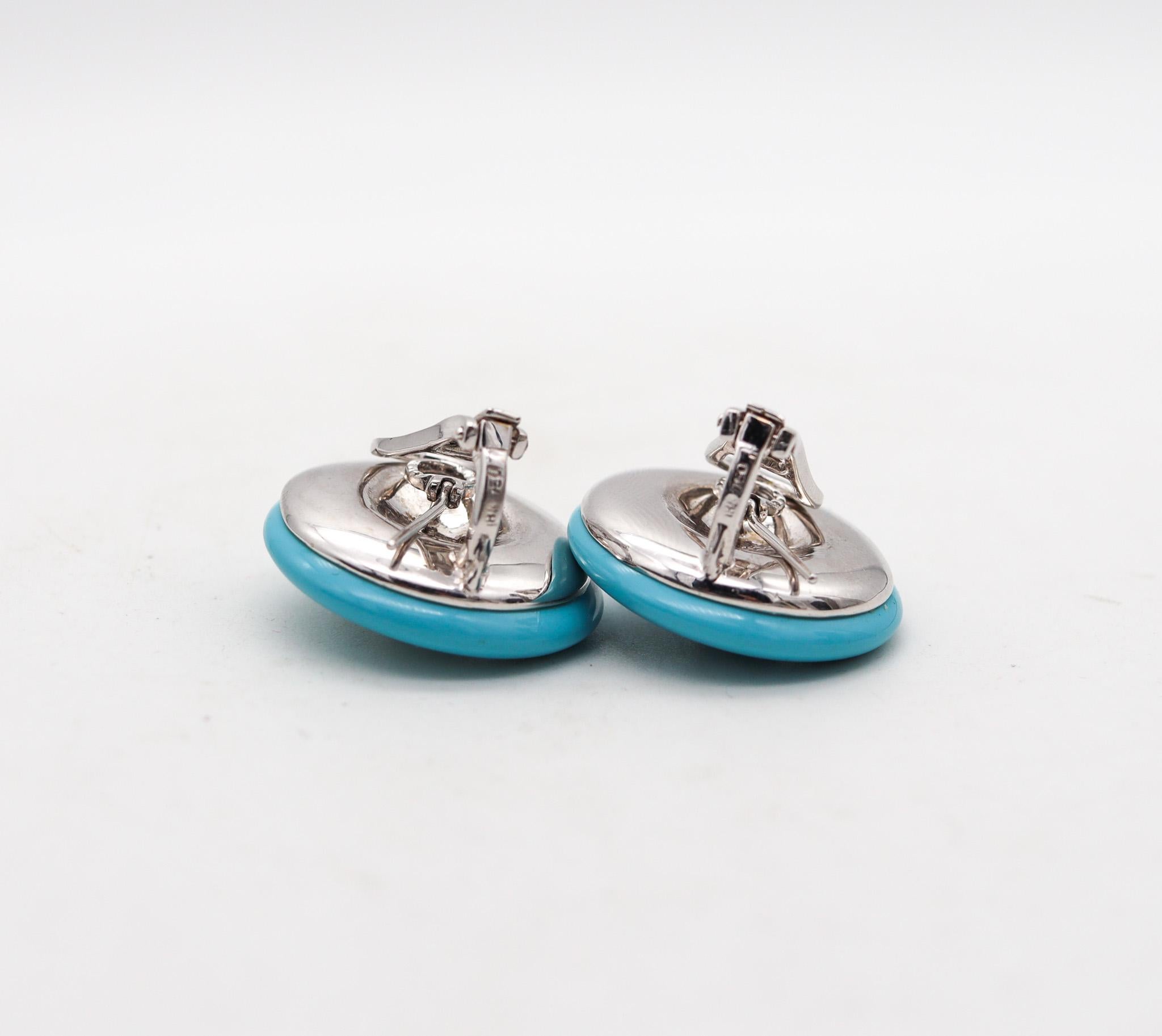 Women's Modernist Round Carved Turquoise Earrings In 18Kt White Gold With VS Diamonds For Sale