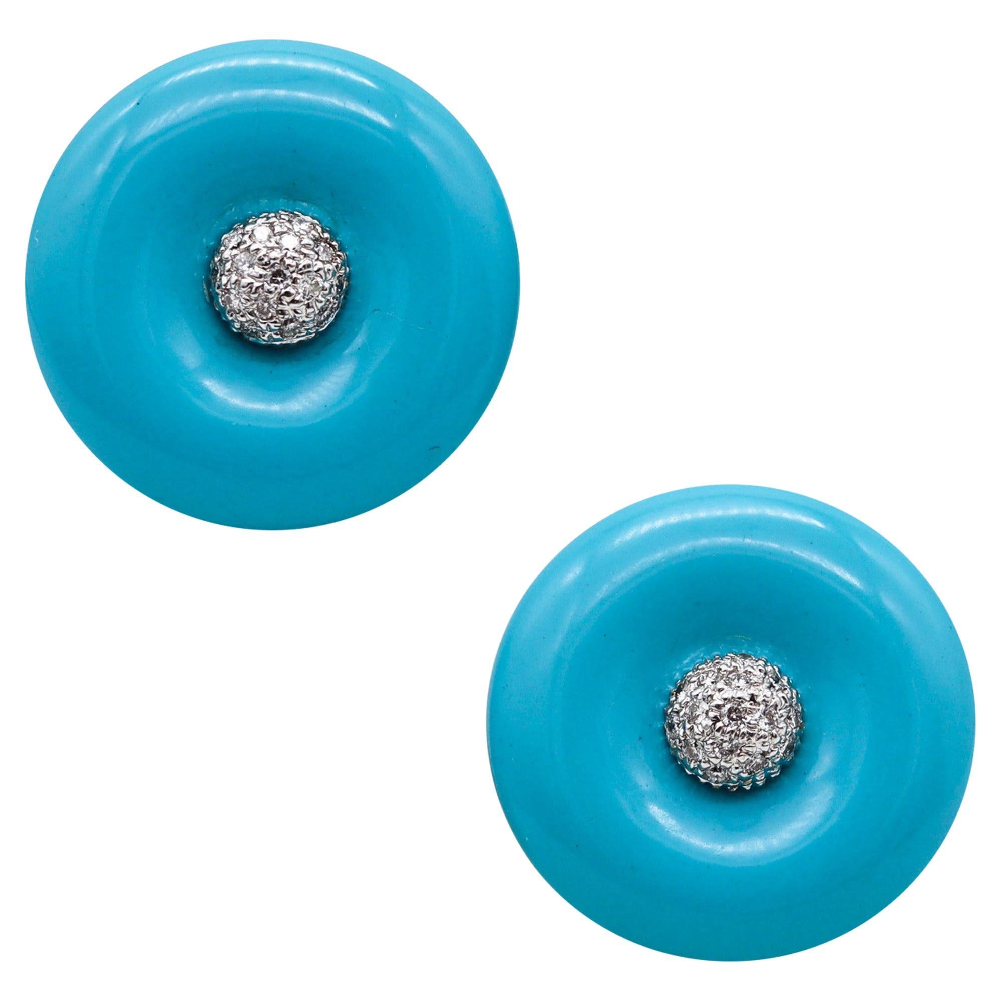 Modernist Round Carved Turquoise Earrings In 18Kt White Gold With VS Diamonds For Sale