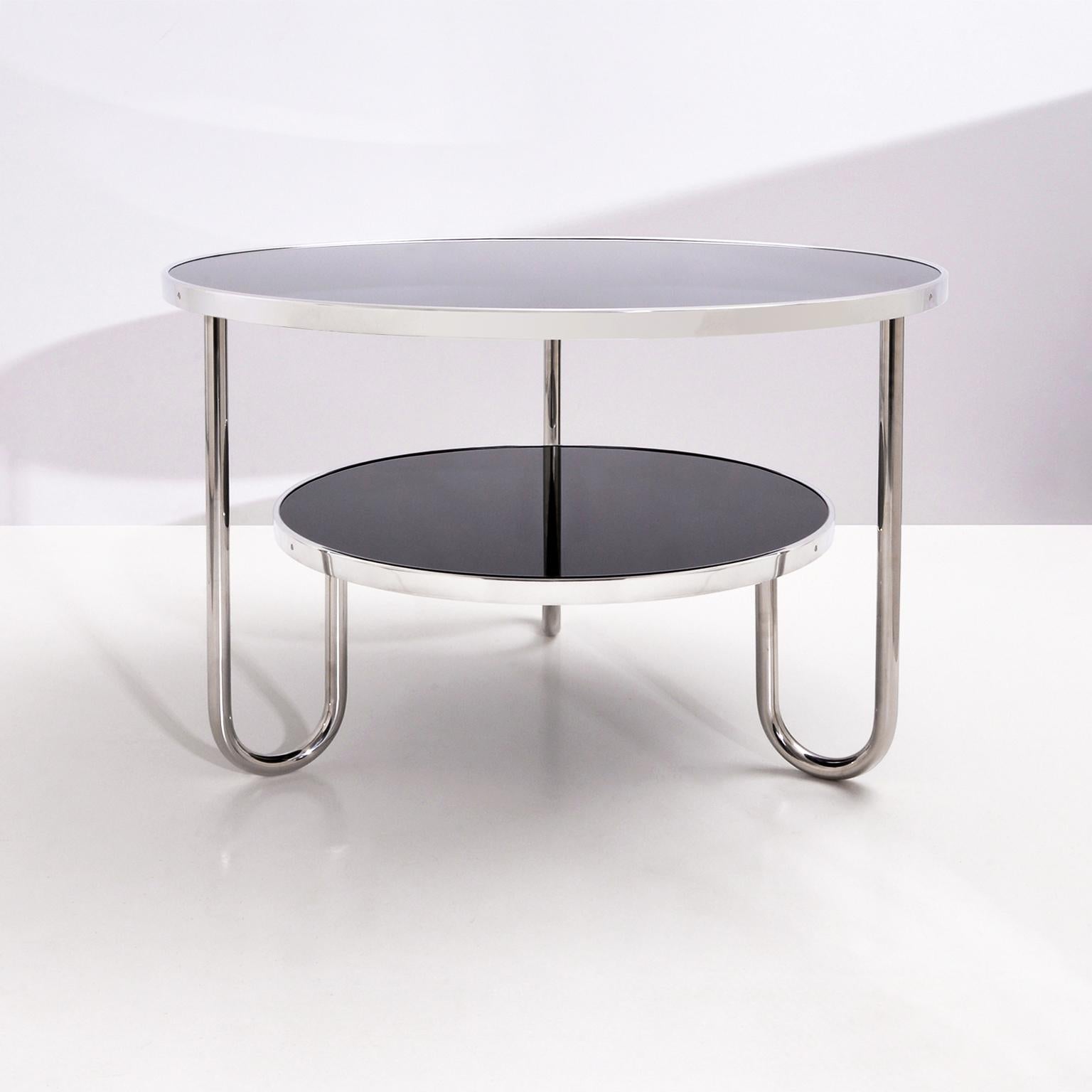 Modernist round coffee table Model TC 2 designed and manufactured by GMD Berlin. Chromium plated tubular steel and glass tops with aluminium profiles, Germany, 2019.