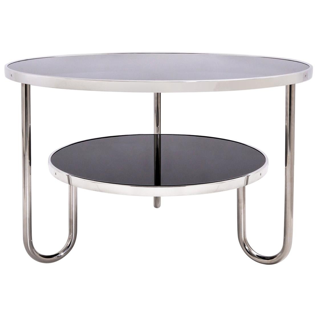 Table basse ronde moderniste, acier tubulaire plaqué chrome, plateaux en verre, Allemagne
