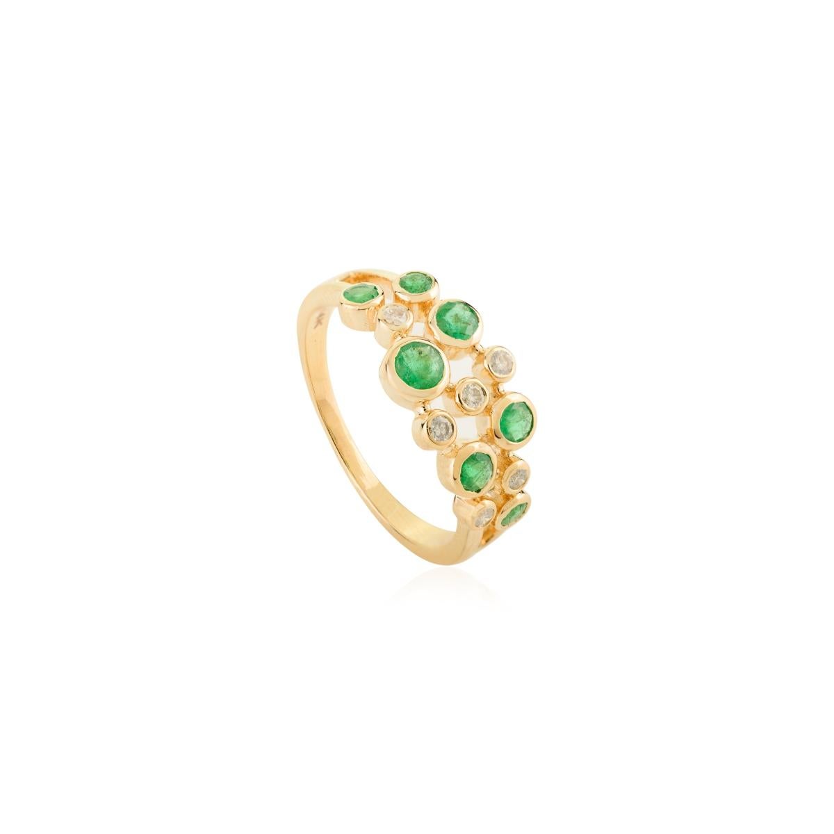 En vente :  Bague bulle moderniste en or jaune 14 carats avec émeraudes rondes et diamants 9