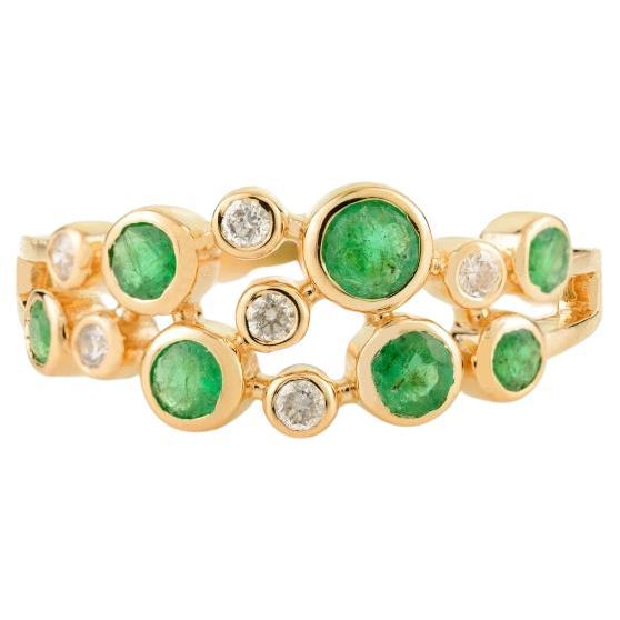 Bague bulle moderniste en or jaune 14 carats avec émeraudes rondes et diamants