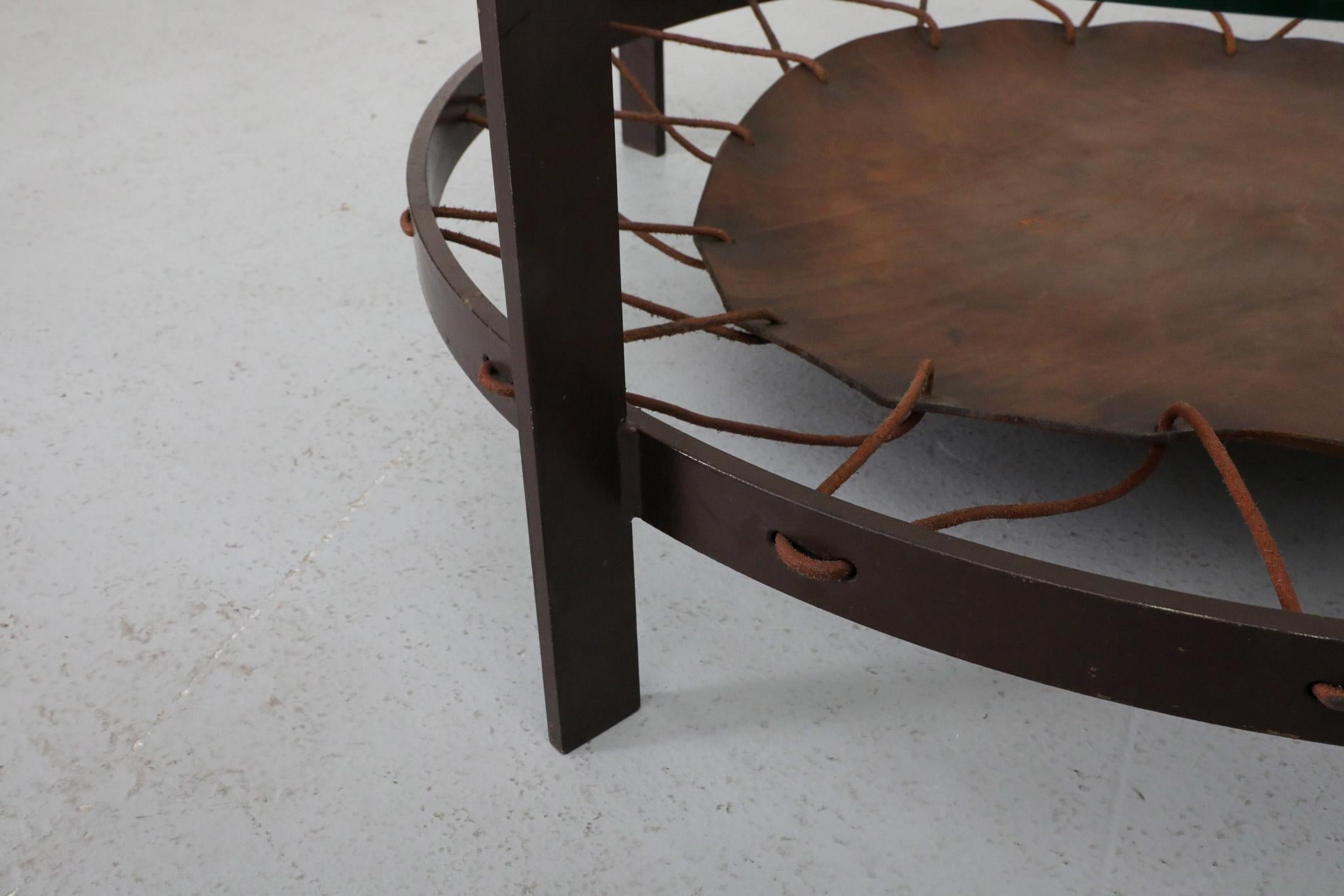 Modernist Round Glass Coffee Table with Leather Sling and Flat Metal Frame, 1970 For Sale 5