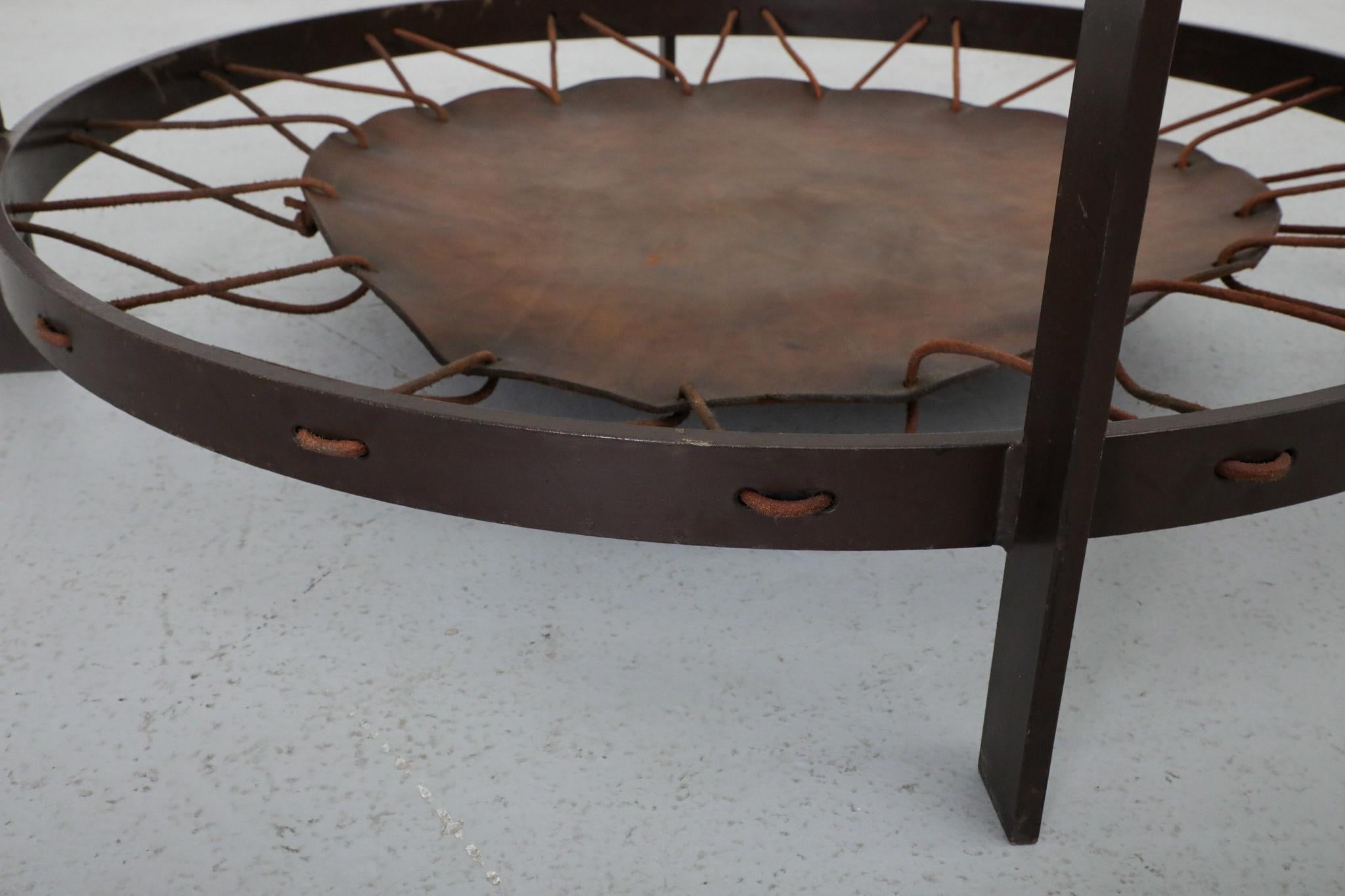 Modernist Round Glass Coffee Table with Leather Sling and Flat Metal Frame, 1970 For Sale 6