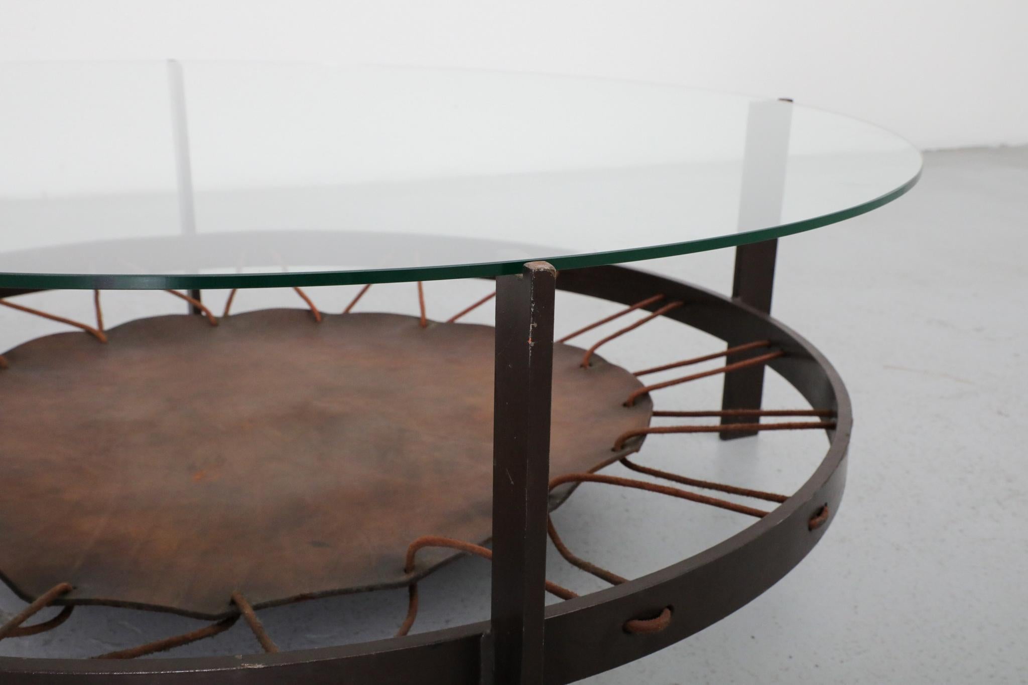 Modernist Round Glass Coffee Table with Leather Sling and Flat Metal Frame, 1970 For Sale 7