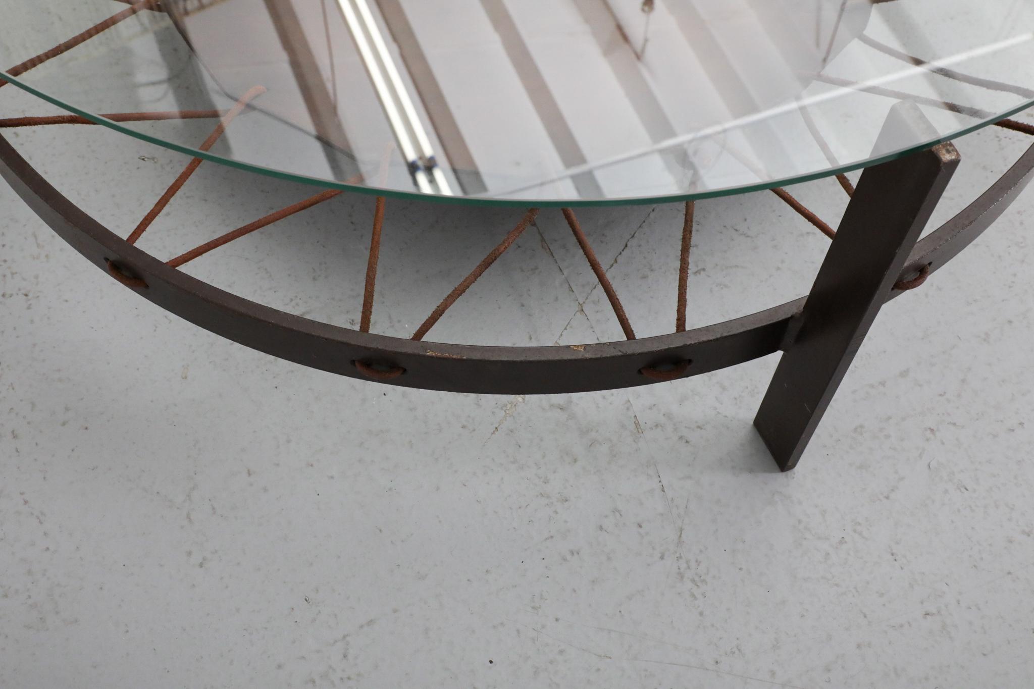 Modernist Round Glass Coffee Table with Leather Sling and Flat Metal Frame, 1970 For Sale 8